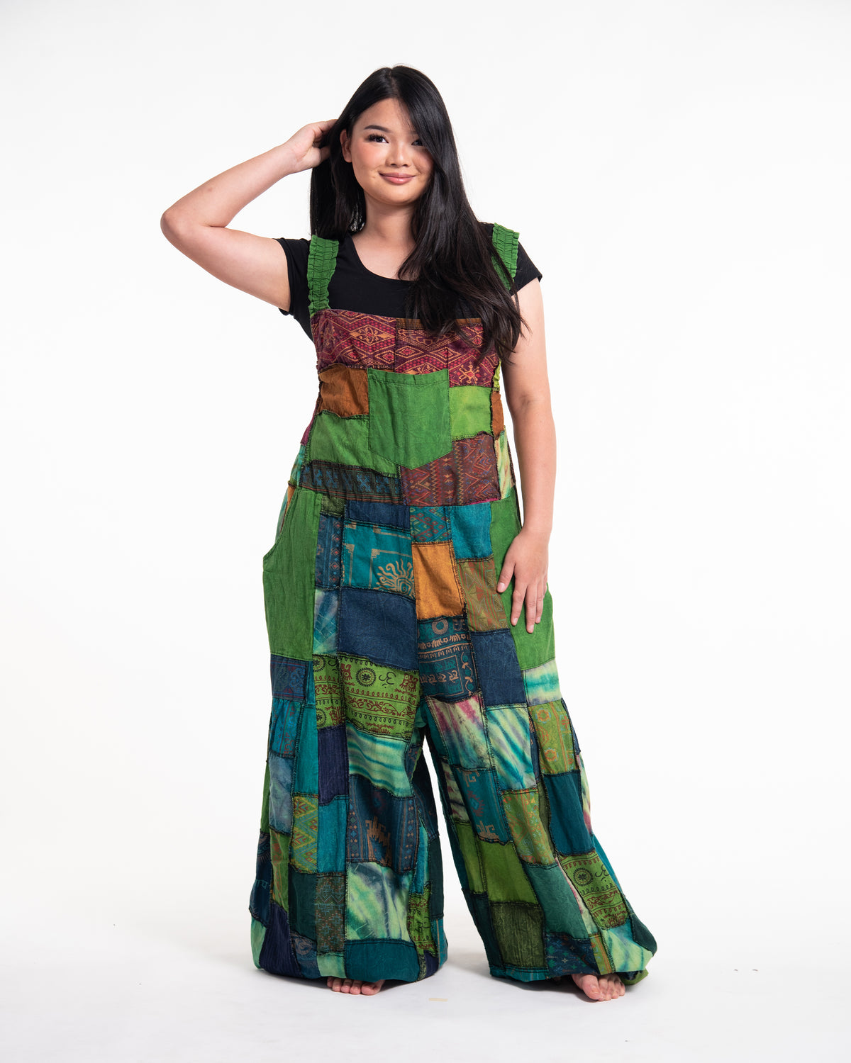Plus Size Patchwork Stonewash Overall in Multi Green