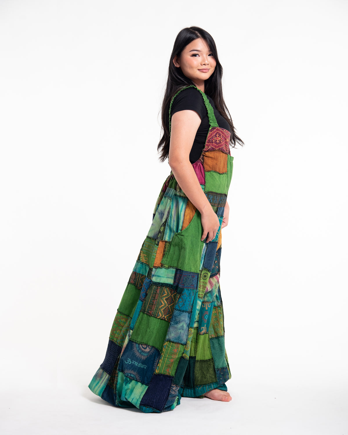 Plus Size Patchwork Stonewash Overall in Multi Green