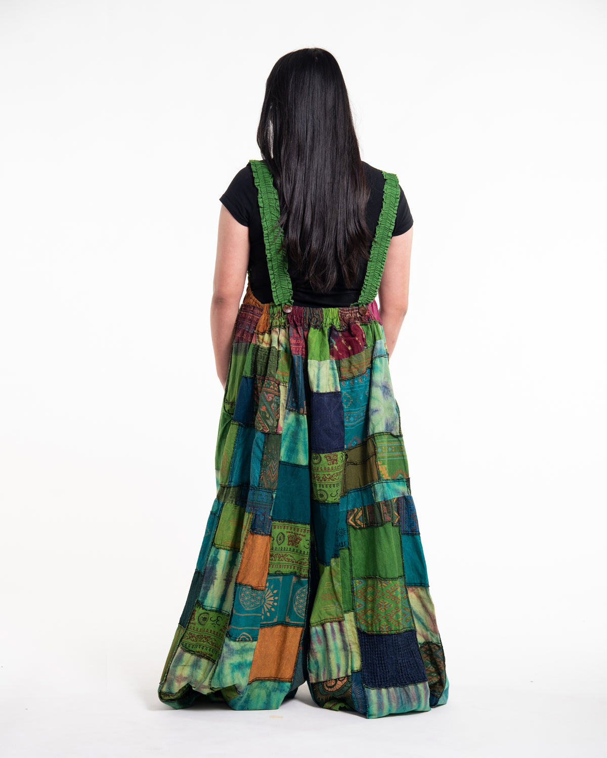 Plus Size Patchwork Stonewash Overall in Multi Green