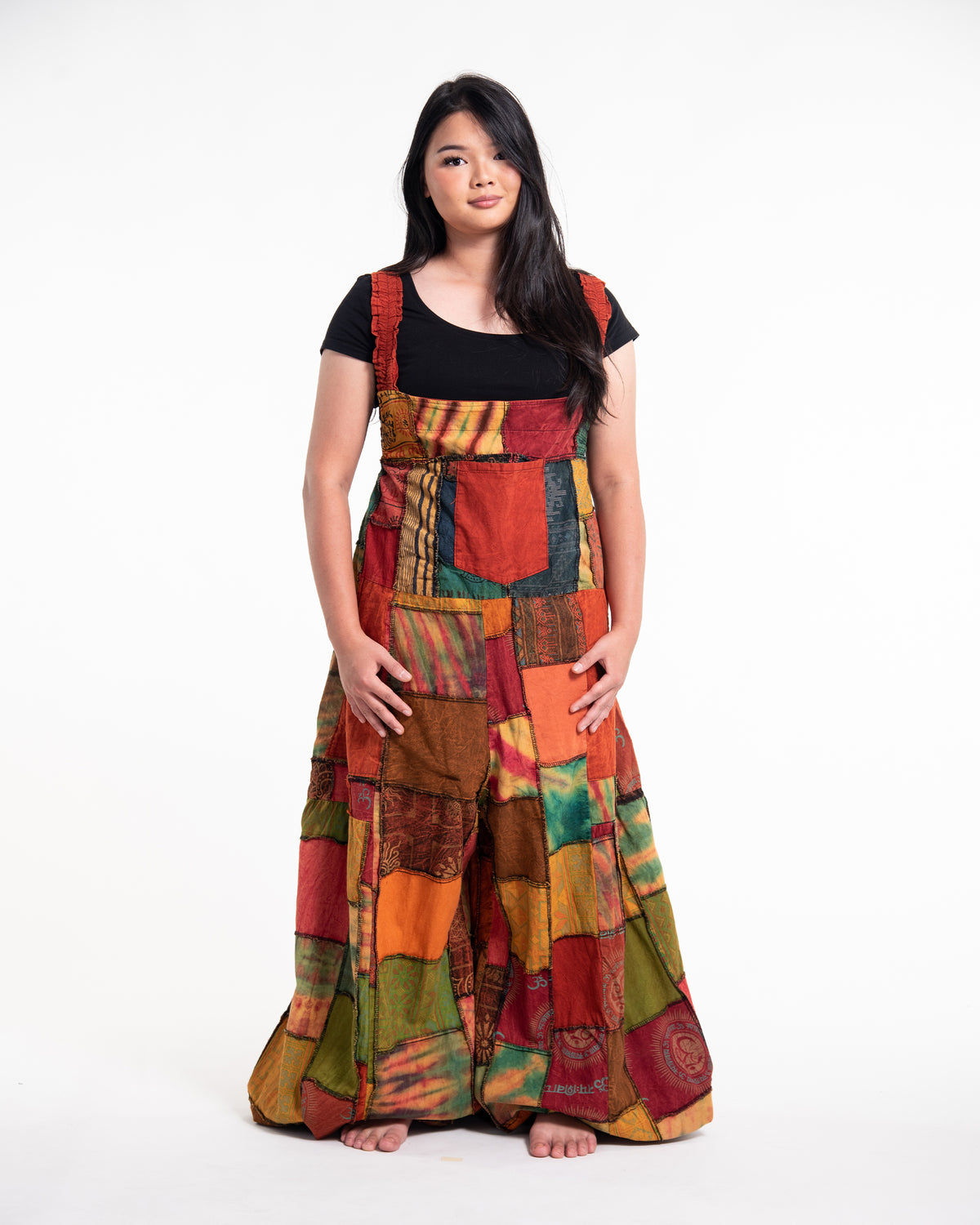 Plus Size Patchwork Stonewash Overall in Multi Orange