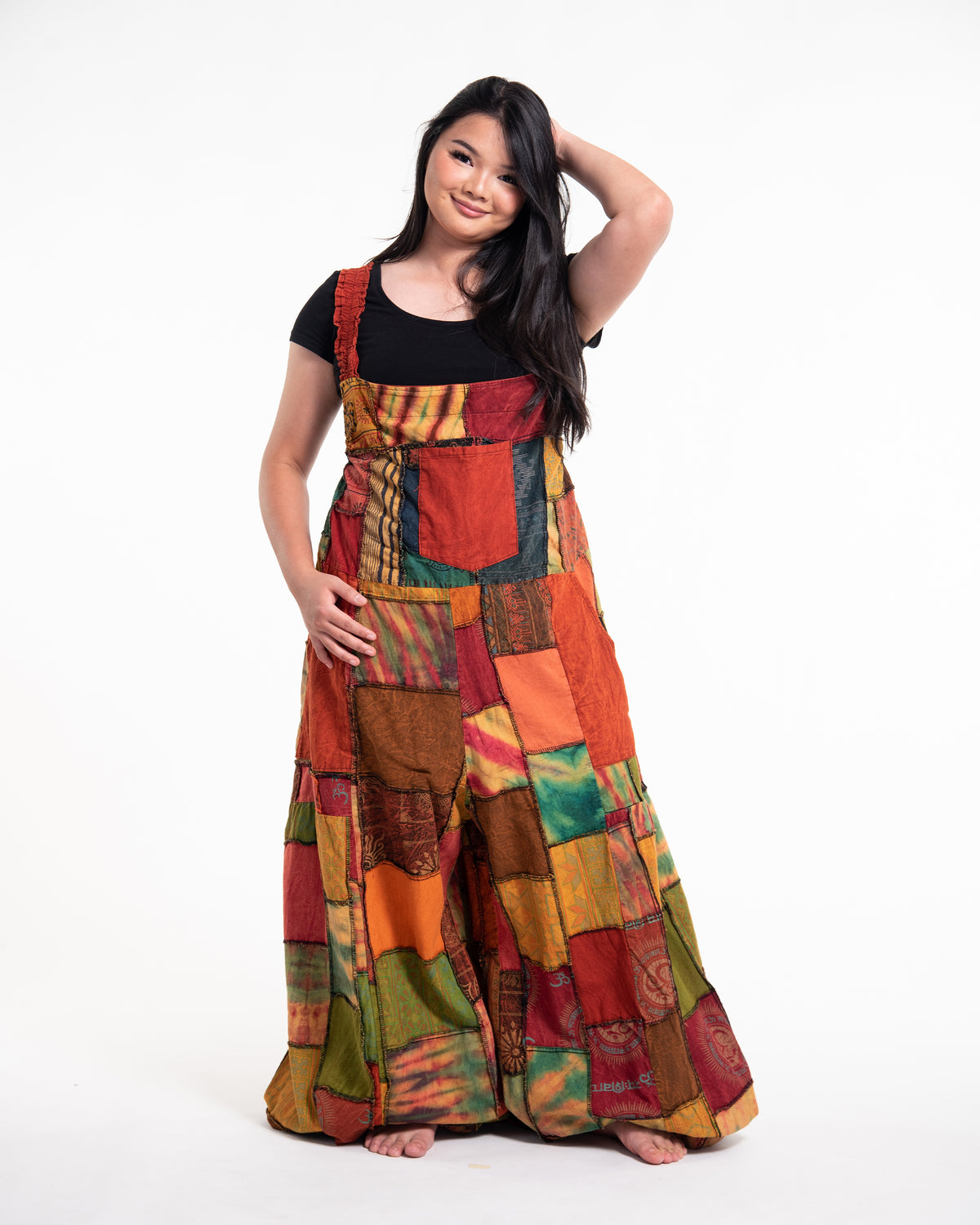 Plus Size Patchwork Stonewash Overall in Multi Orange