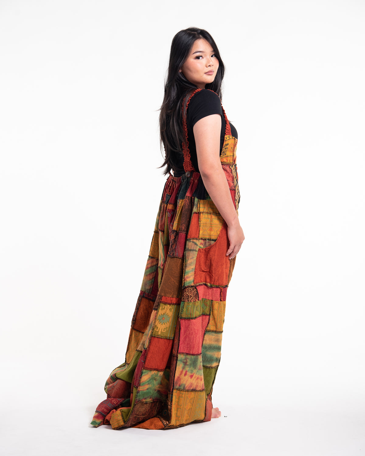 Plus Size Patchwork Stonewash Overall in Multi Orange
