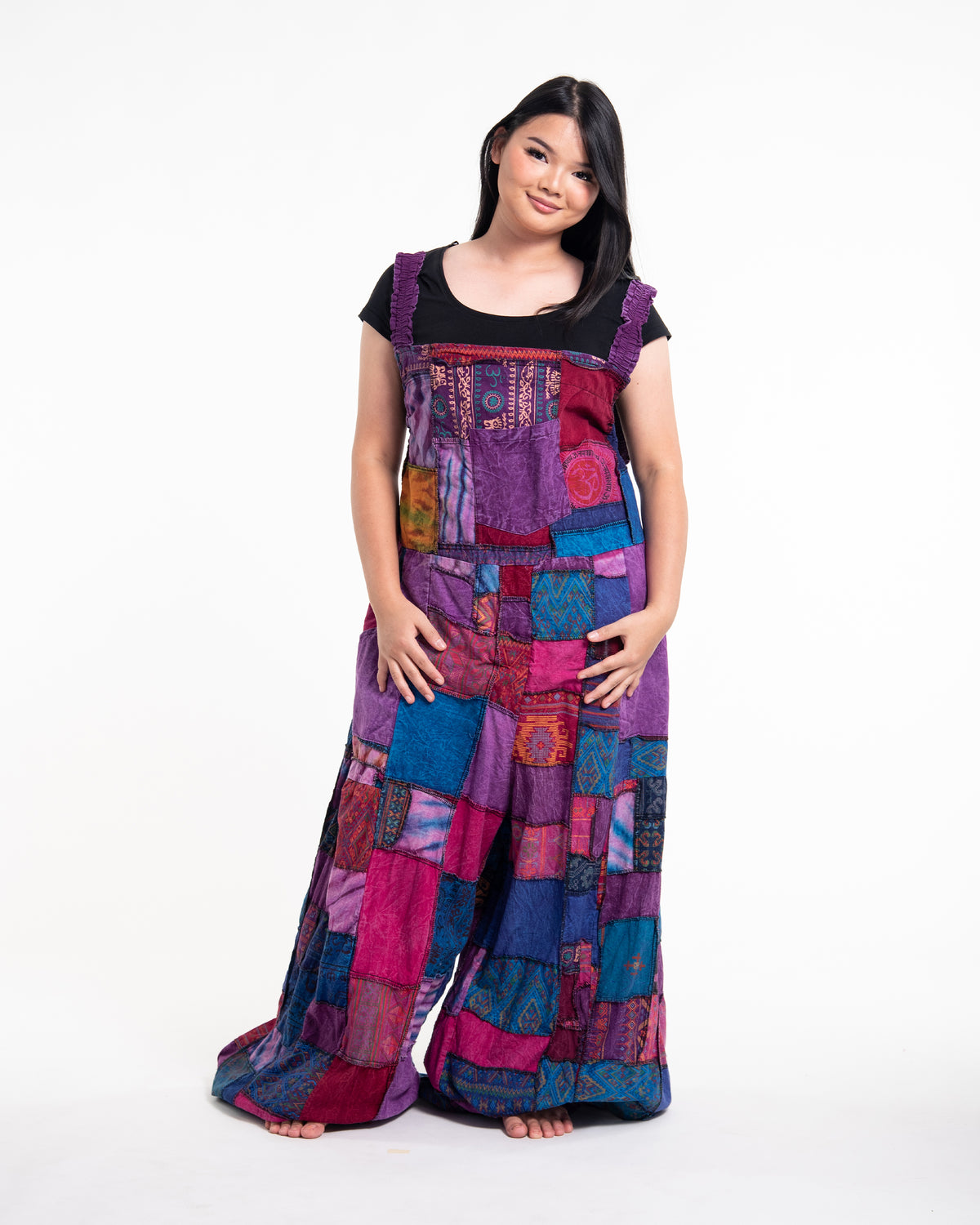 Plus Size Patchwork Stonewash Overall in Multi Purple