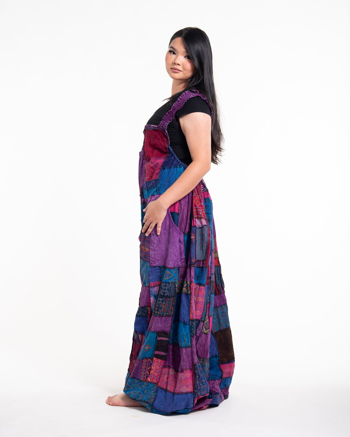Plus Size Patchwork Stonewash Overall in Multi Purple