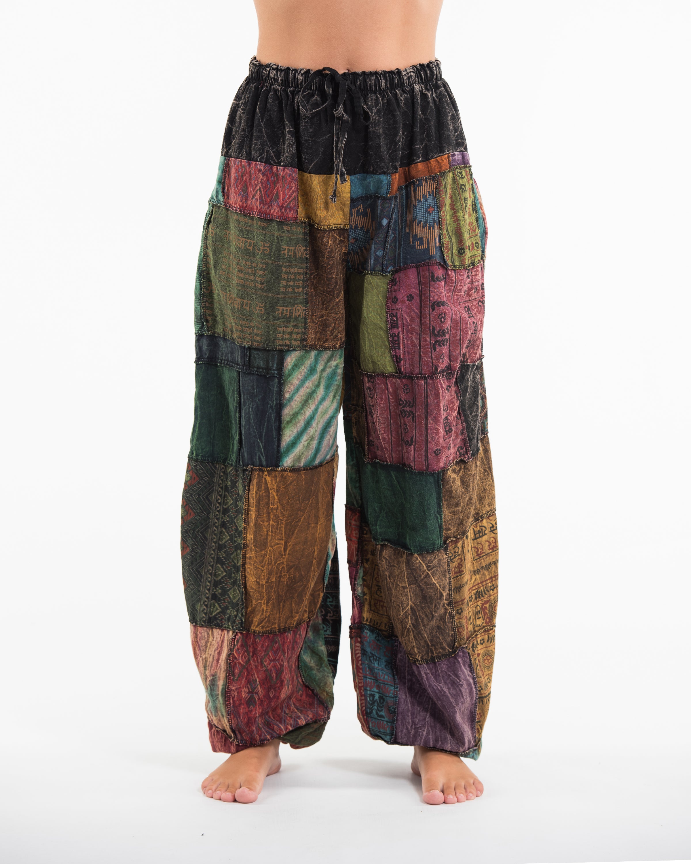 Women's Patchwork Stone Washed Balloon Cotton Pants in Black