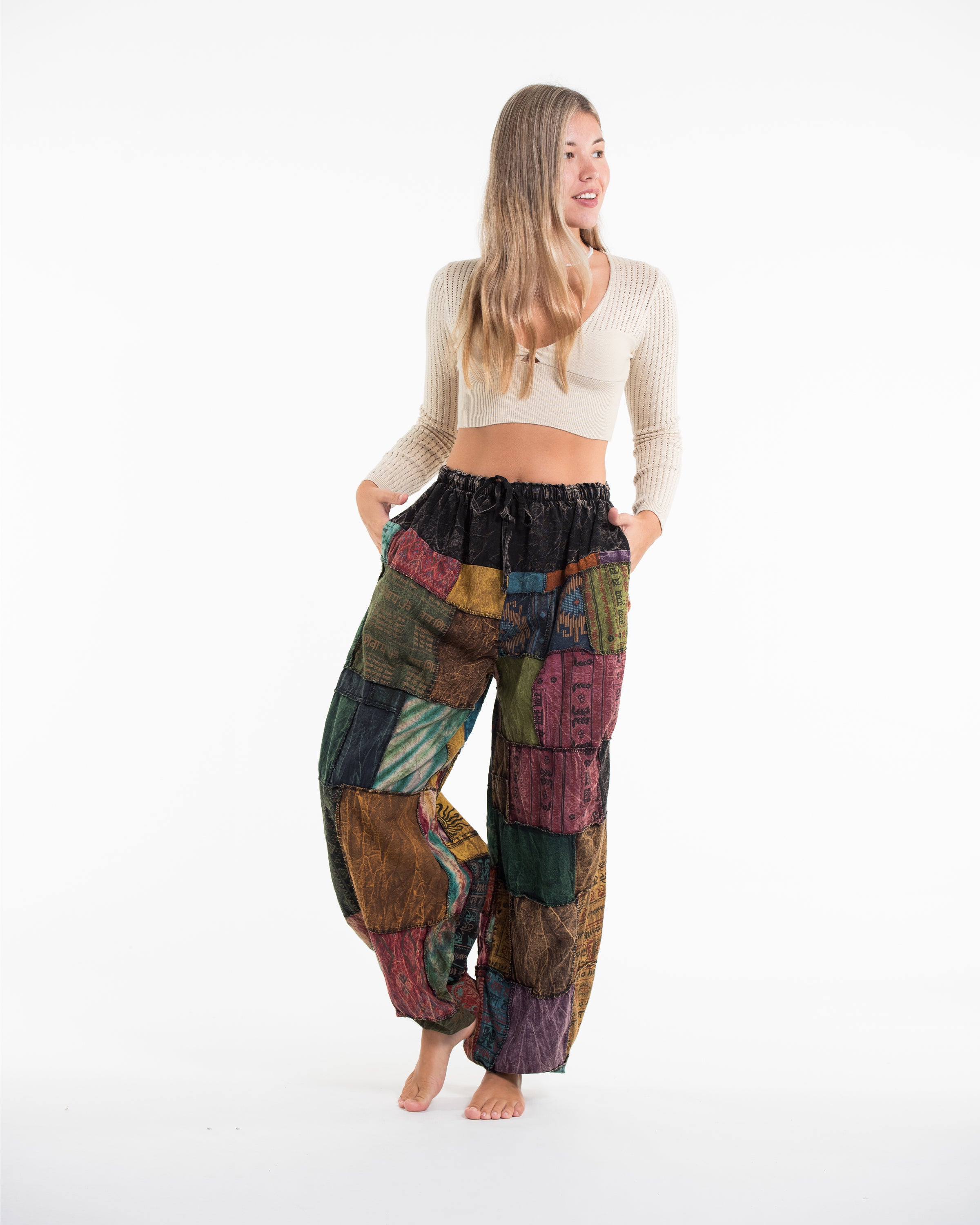 Women's Patchwork Stone Washed Balloon Cotton Pants in Black
