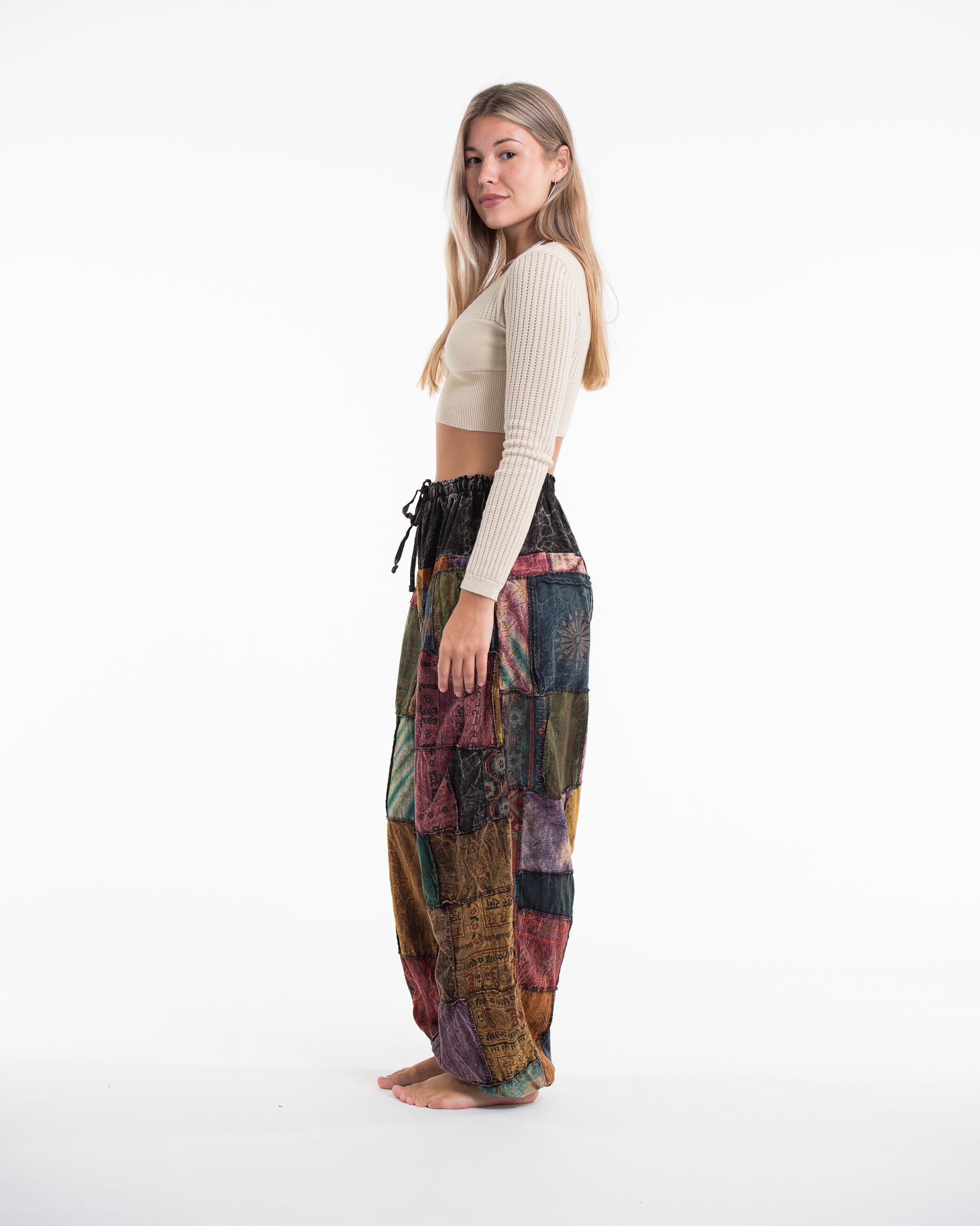 Women's Patchwork Stone Washed Balloon Cotton Pants in Black