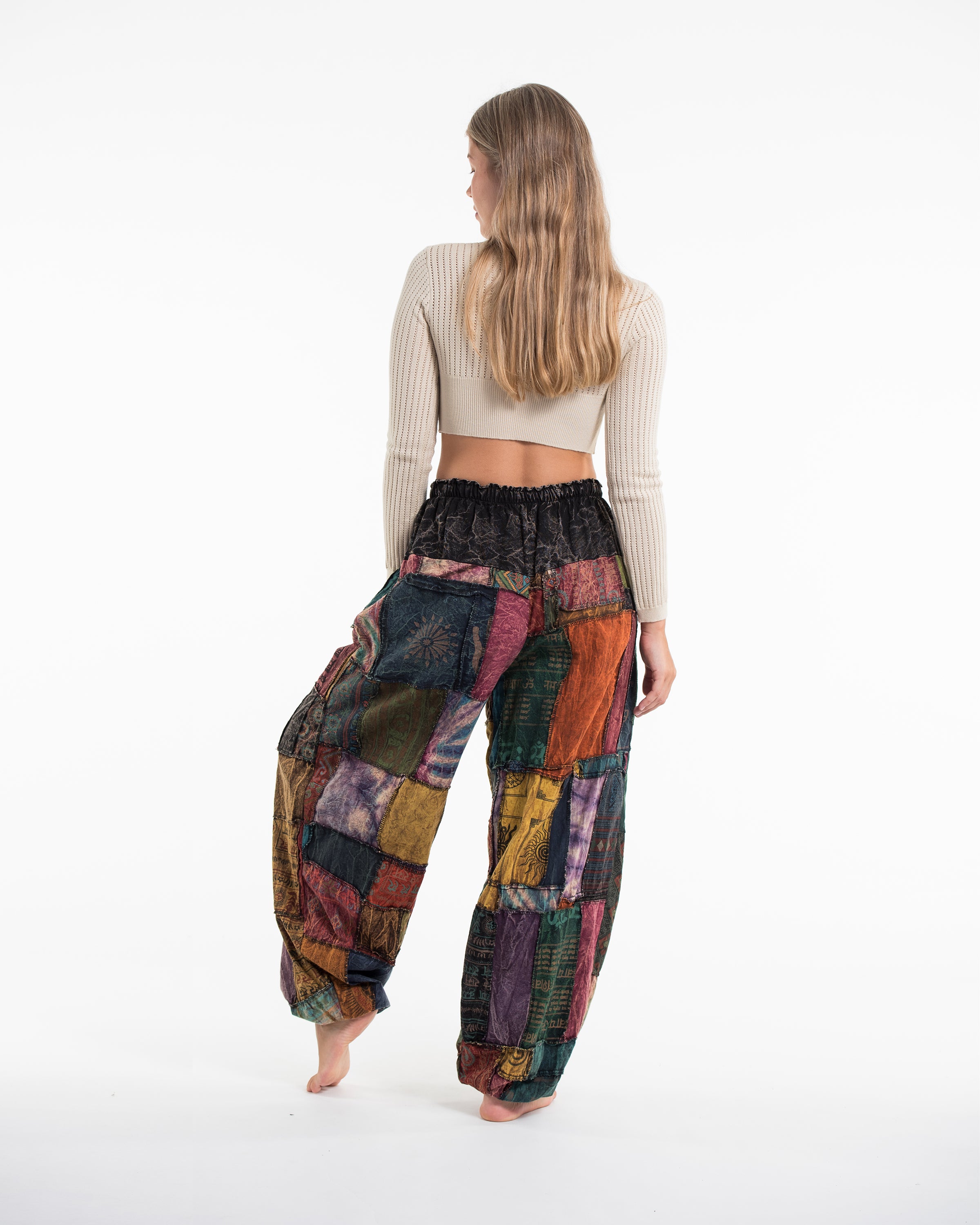 Women's Patchwork Stone Washed Balloon Cotton Pants in Black
