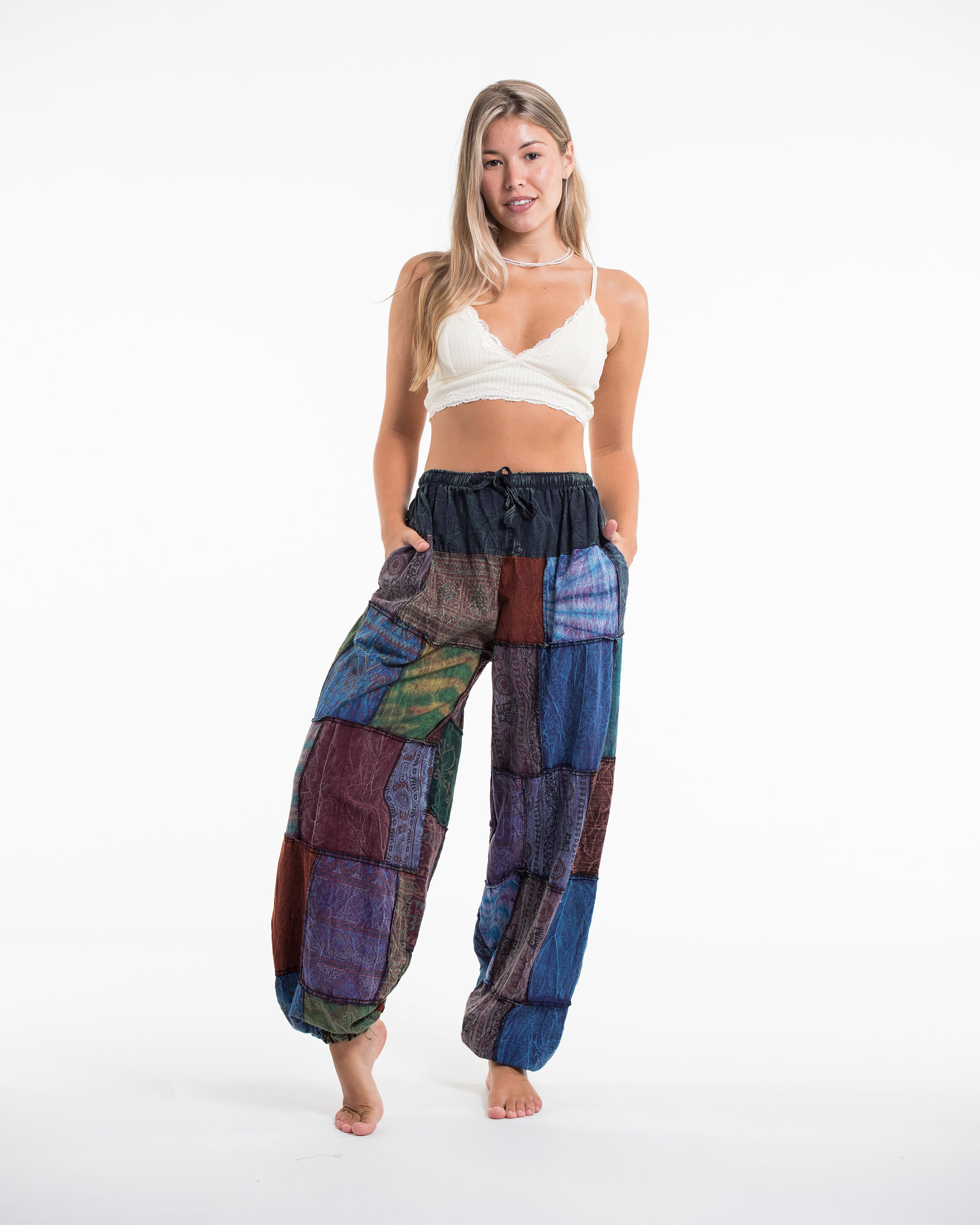 Women's Patchwork Stone Washed Balloon Cotton Pants in Blue