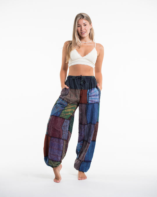 Women's Patchwork Stone Washed Balloon Cotton Pants in Blue
