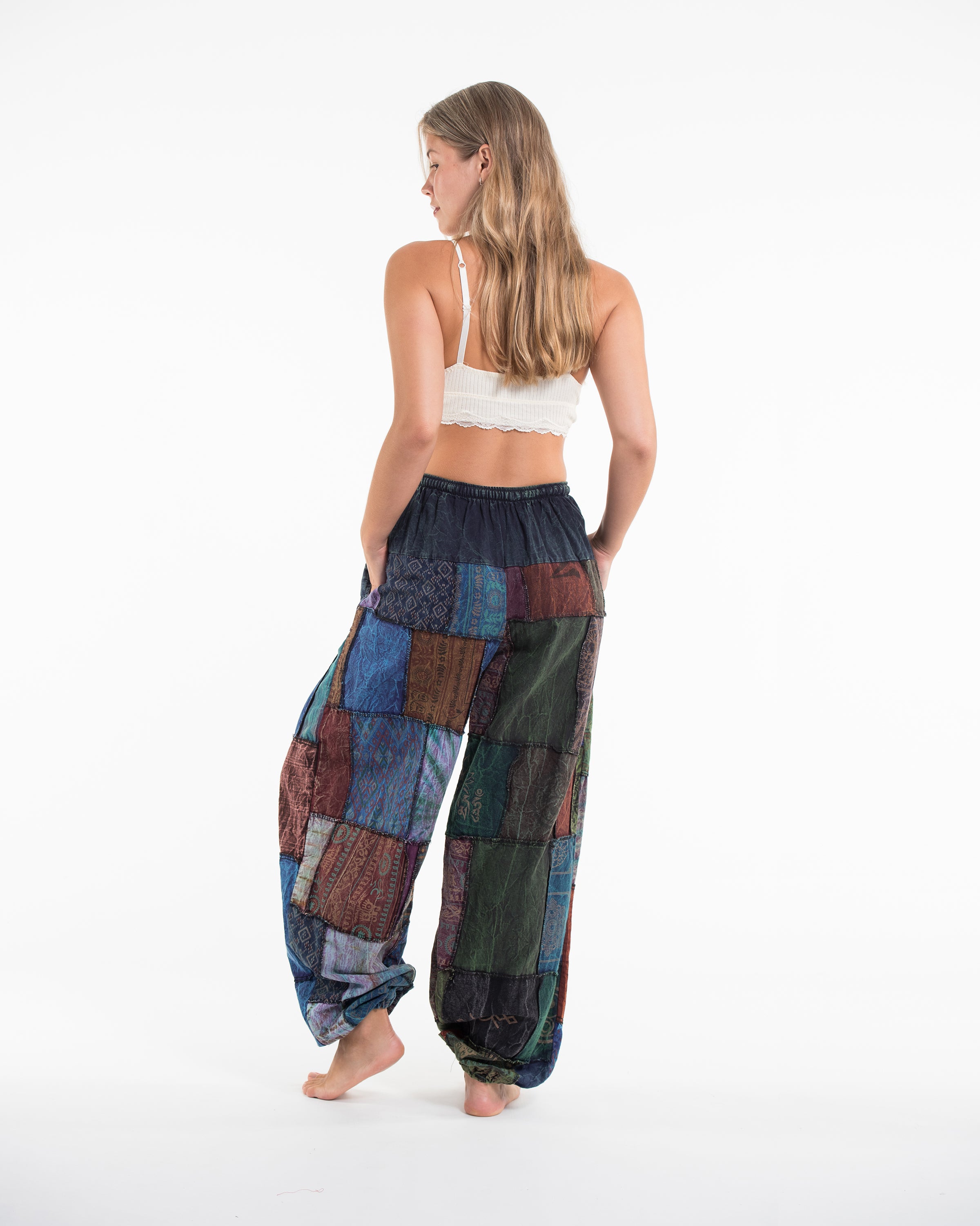 Women's Patchwork Stone Washed Balloon Cotton Pants in Blue