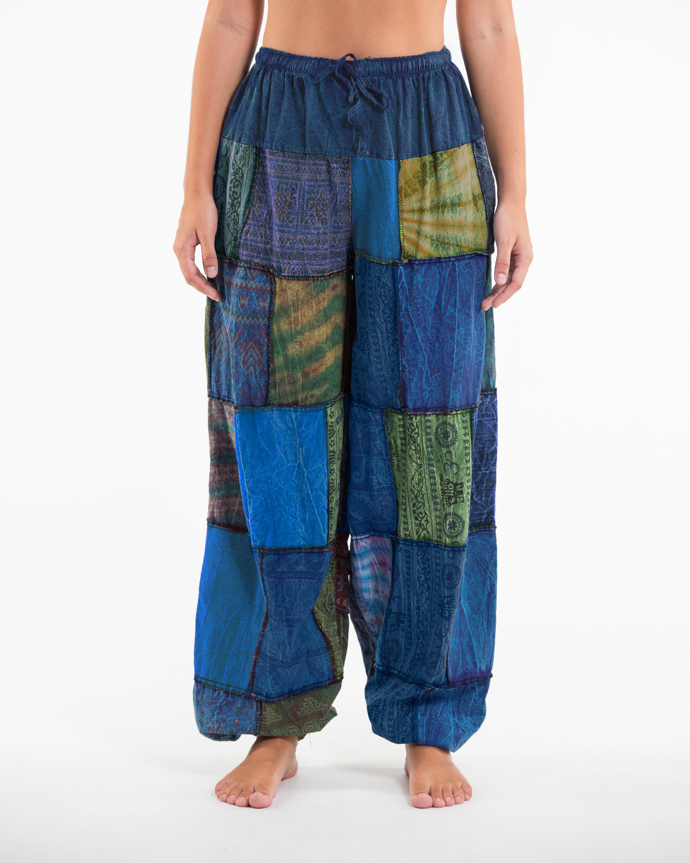 Women's Patchwork Stone Washed Balloon Cotton Pants in Blue