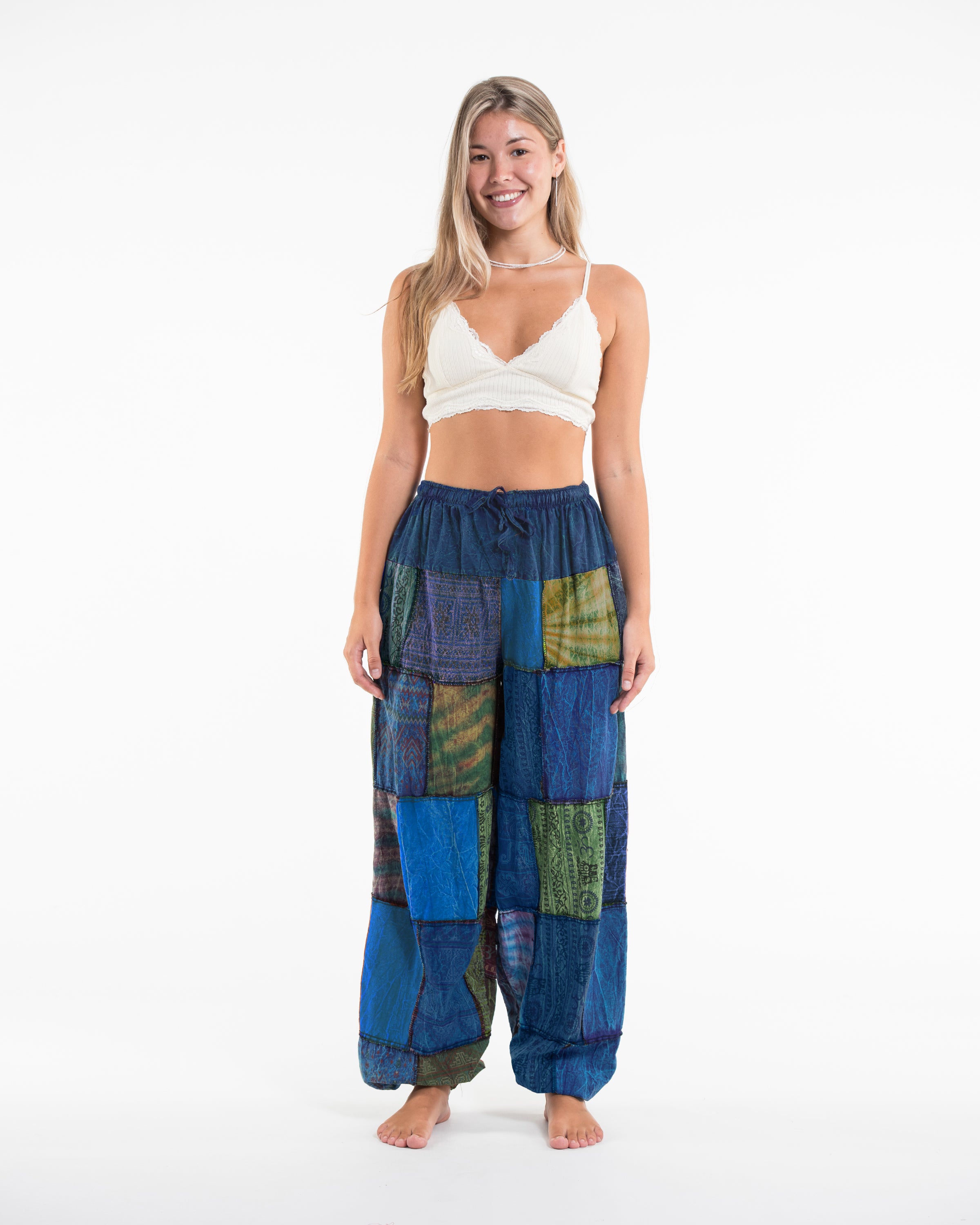 Women's Patchwork Stone Washed Balloon Cotton Pants in Blue