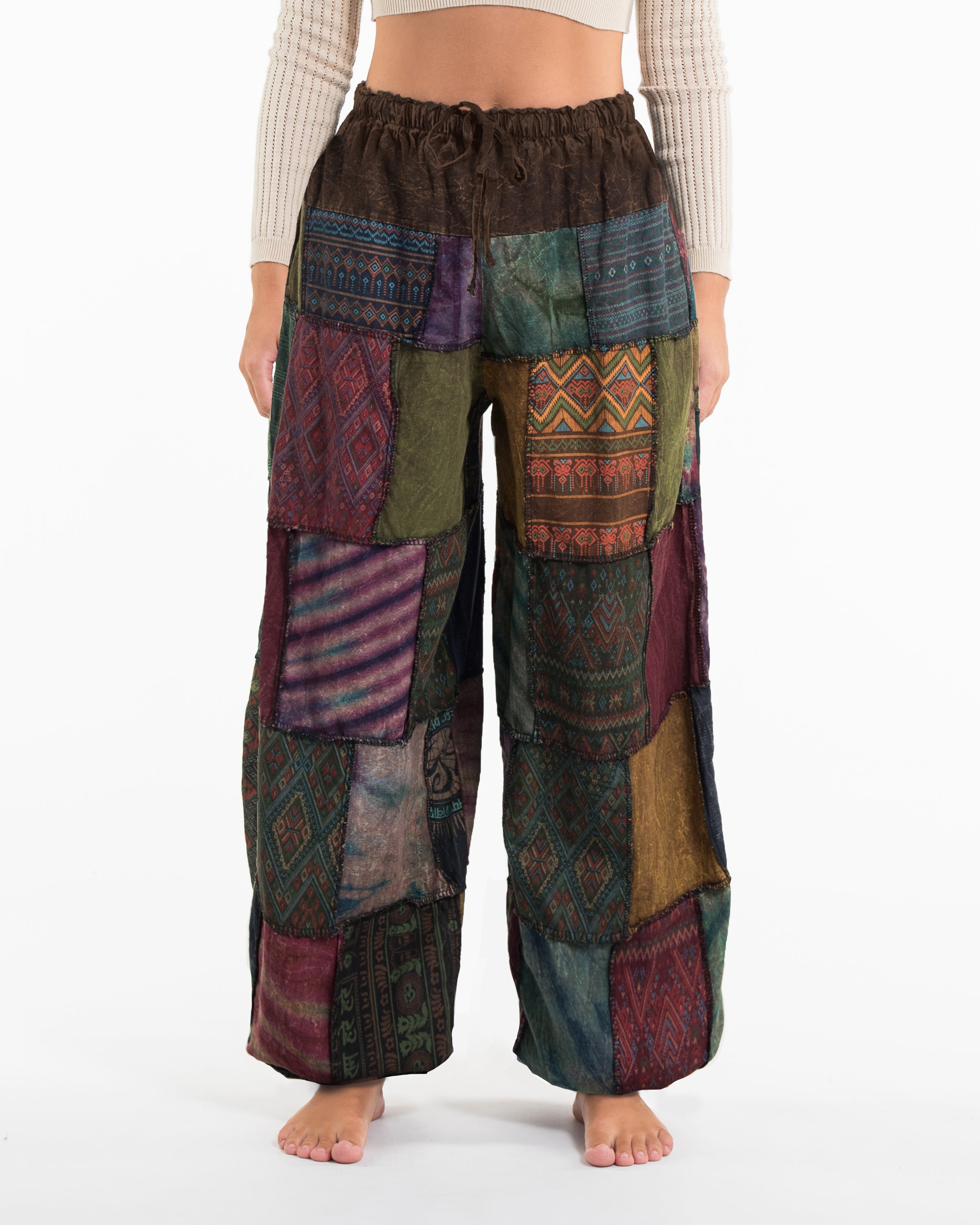 Women's Patchwork Stone Washed Balloon Cotton Pants in Brown