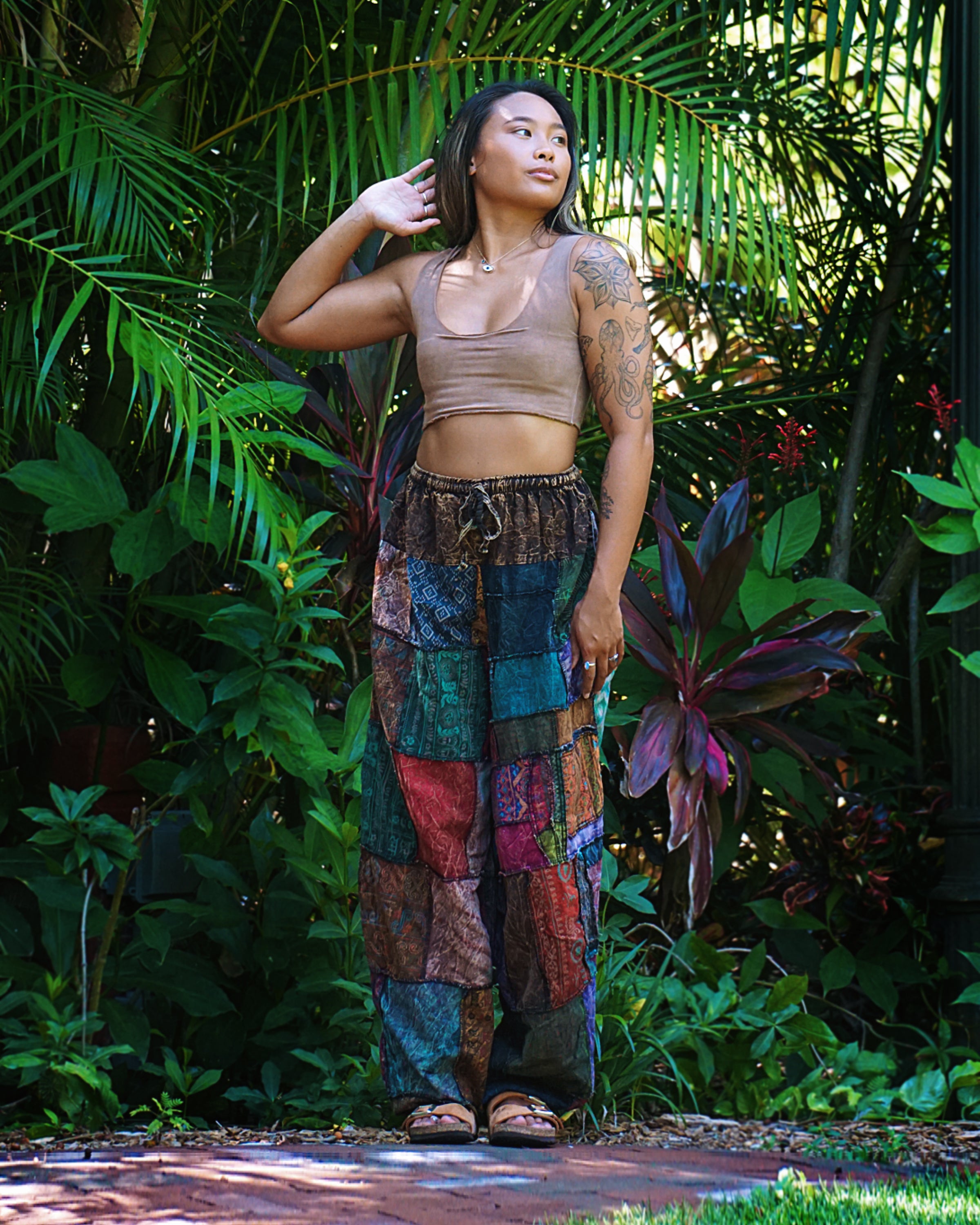 Women's Patchwork Stone Washed Balloon Cotton Pants in Brown