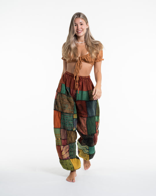 Women's Patchwork Stone Washed Balloon Cotton Pants in Orange