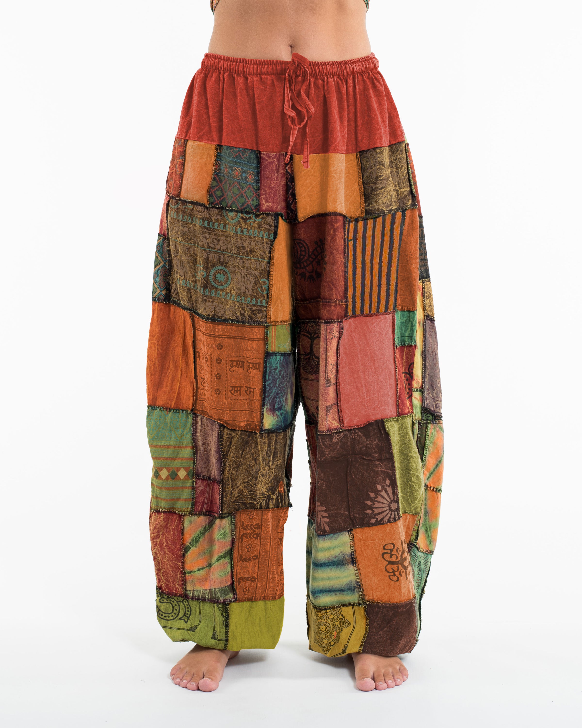 Women's Patchwork Stone Washed Balloon Cotton Pants in Orange