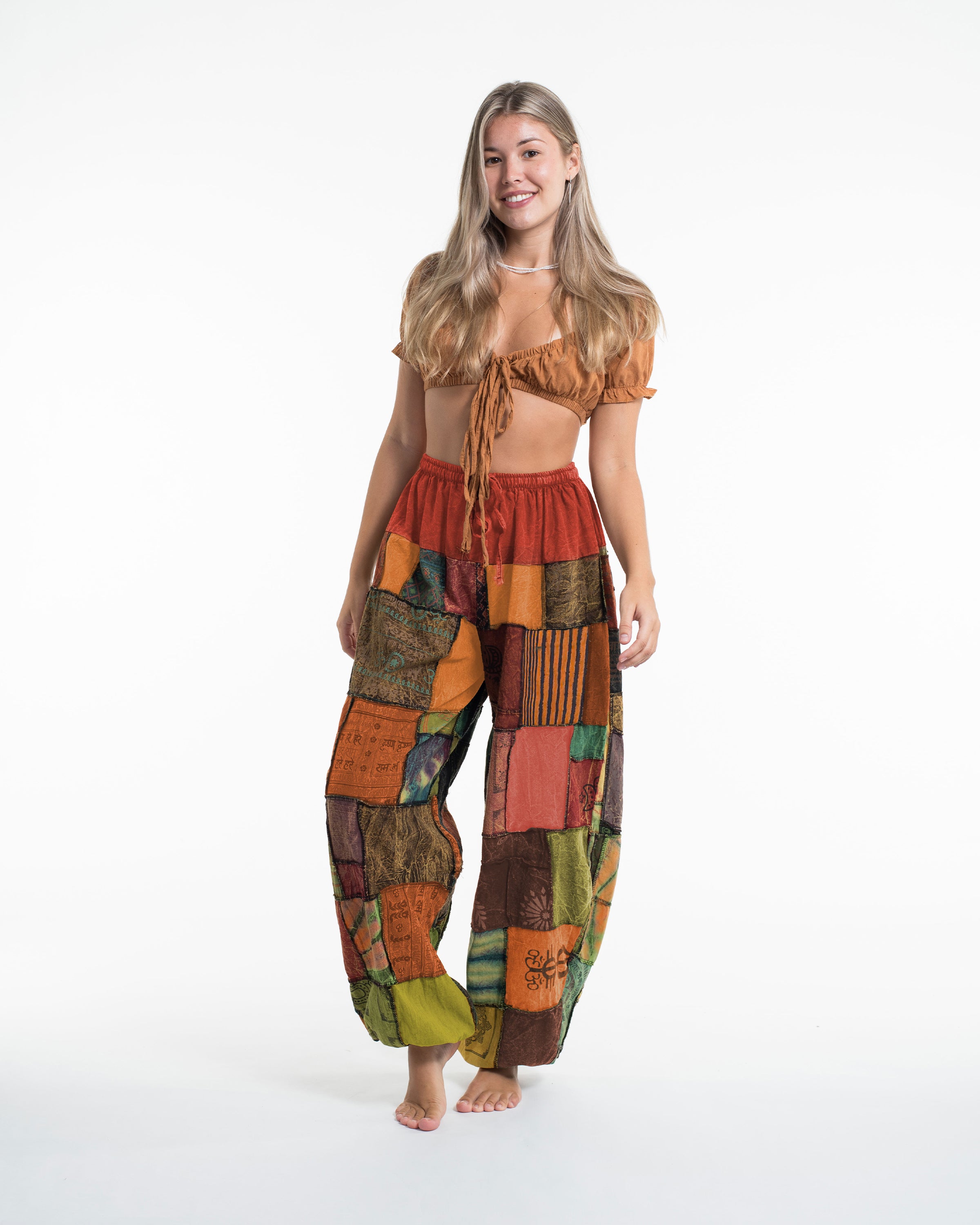 Women's Patchwork Stone Washed Balloon Cotton Pants in Orange