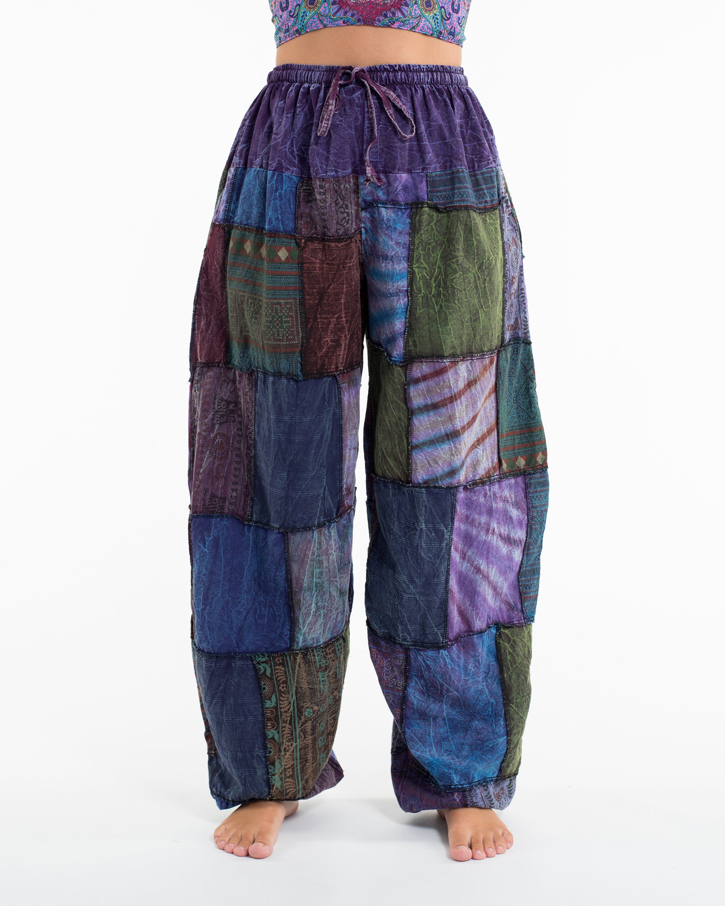 Women's Patchwork Stone Washed Balloon Cotton Pants in Purple