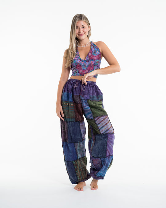 Women's Patchwork Stone Washed Balloon Cotton Pants in Purple