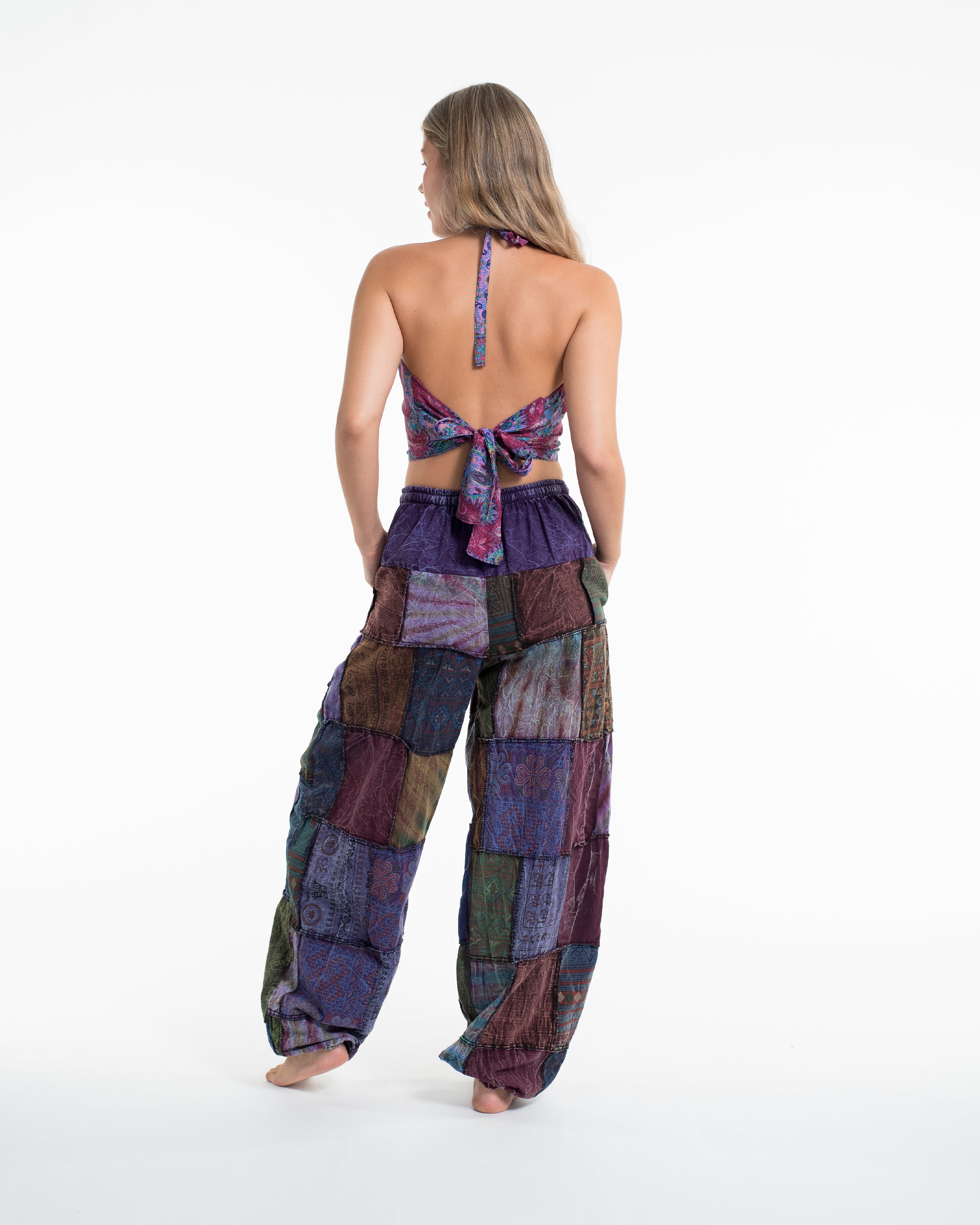 Women's Patchwork Stone Washed Balloon Cotton Pants in Purple