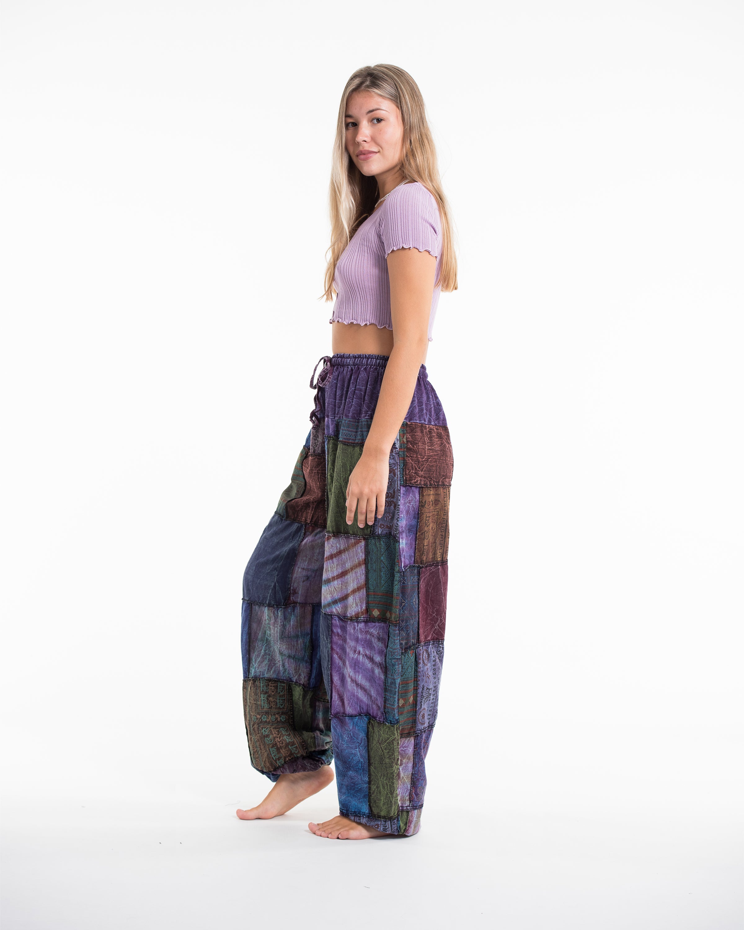 Women's Patchwork Stone Washed Balloon Cotton Pants in Purple