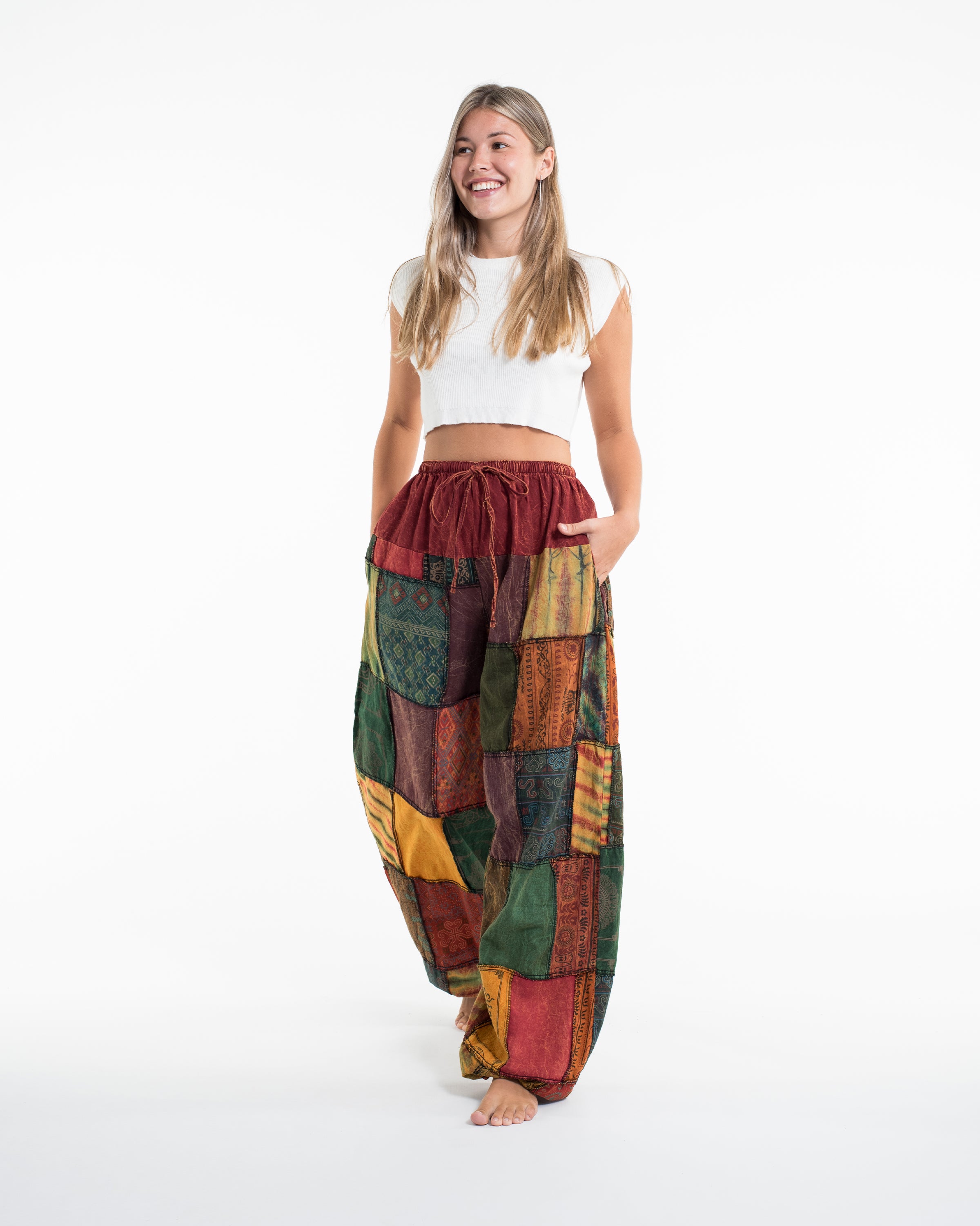 Women's Patchwork Stone Washed Balloon Cotton Pants in Red