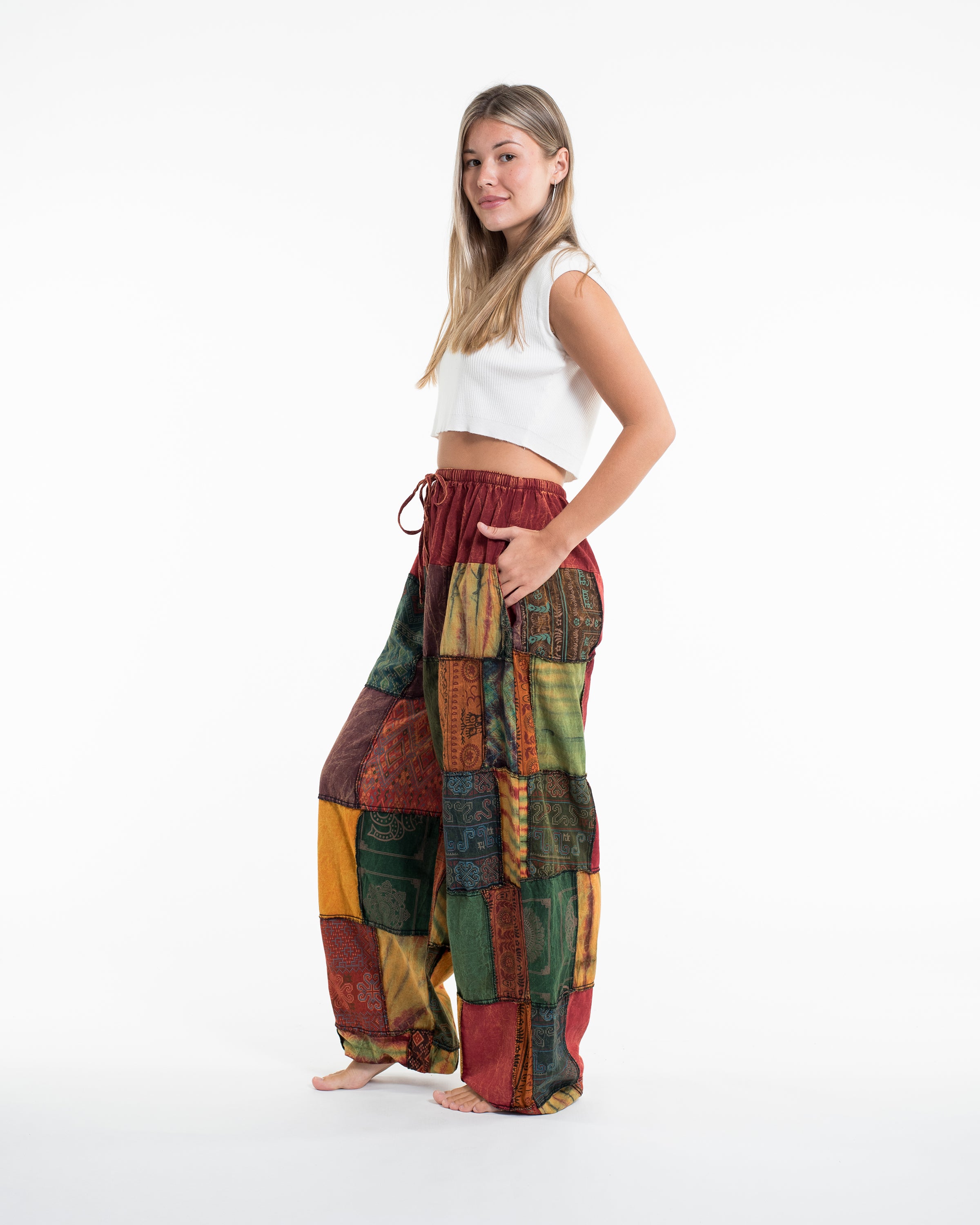 Women's Patchwork Stone Washed Balloon Cotton Pants in Red