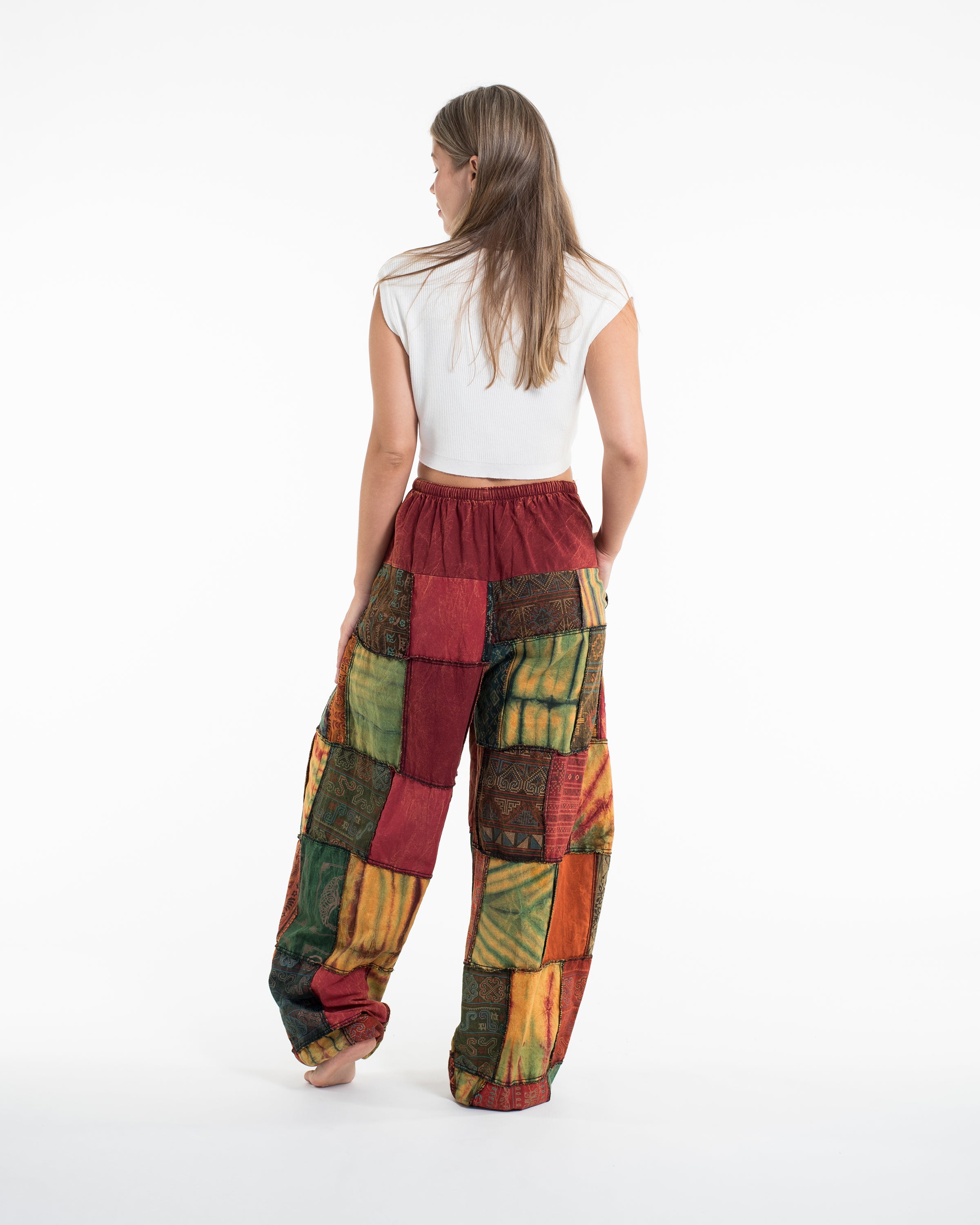 Women's Patchwork Stone Washed Balloon Cotton Pants in Red