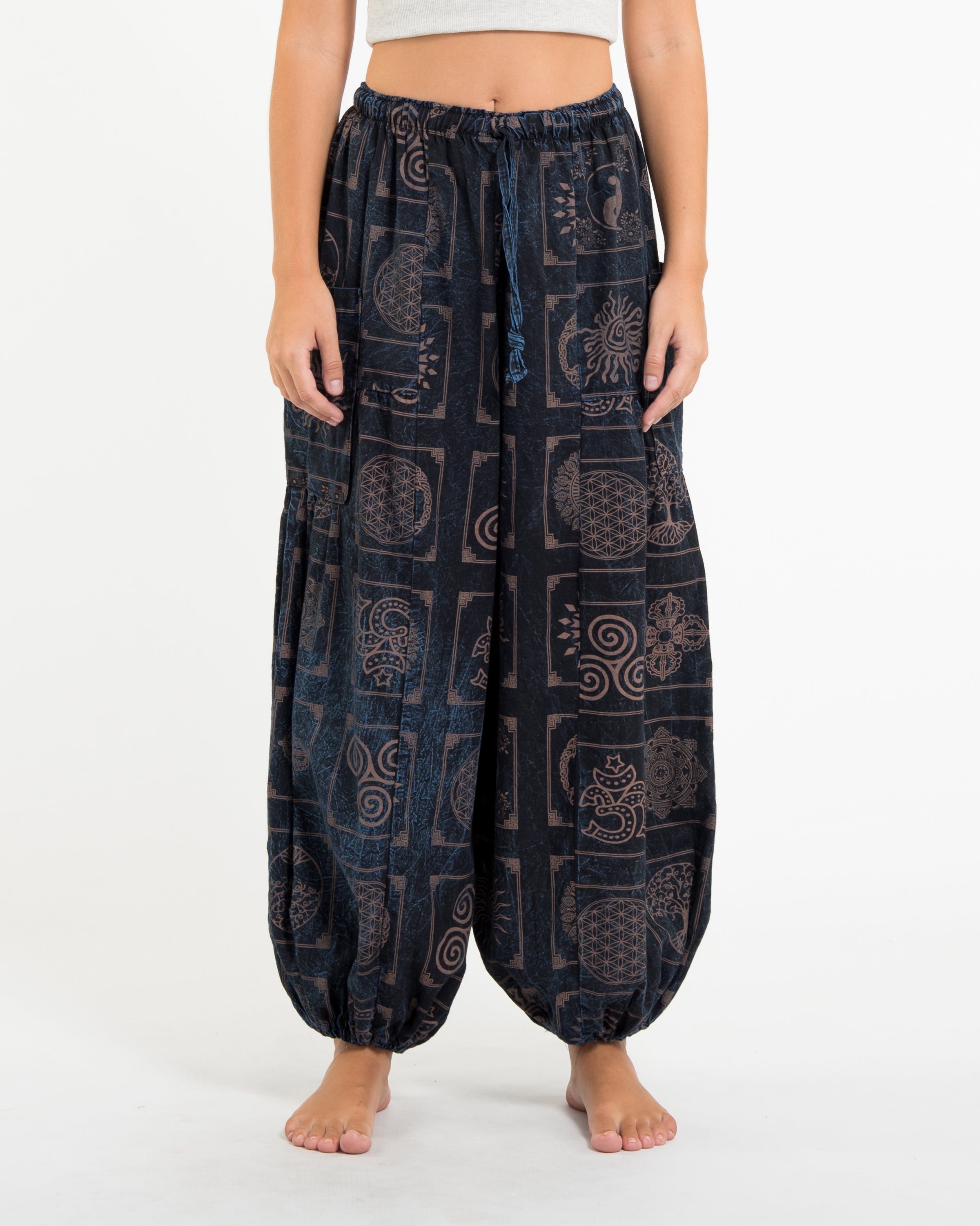Women's Block Print Stone Washed Balloon Cotton Pants in Black Blue