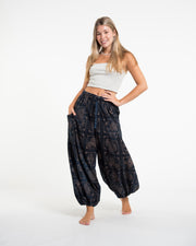 Women's Block Print Stone Washed Balloon Cotton Pants in Black Blue