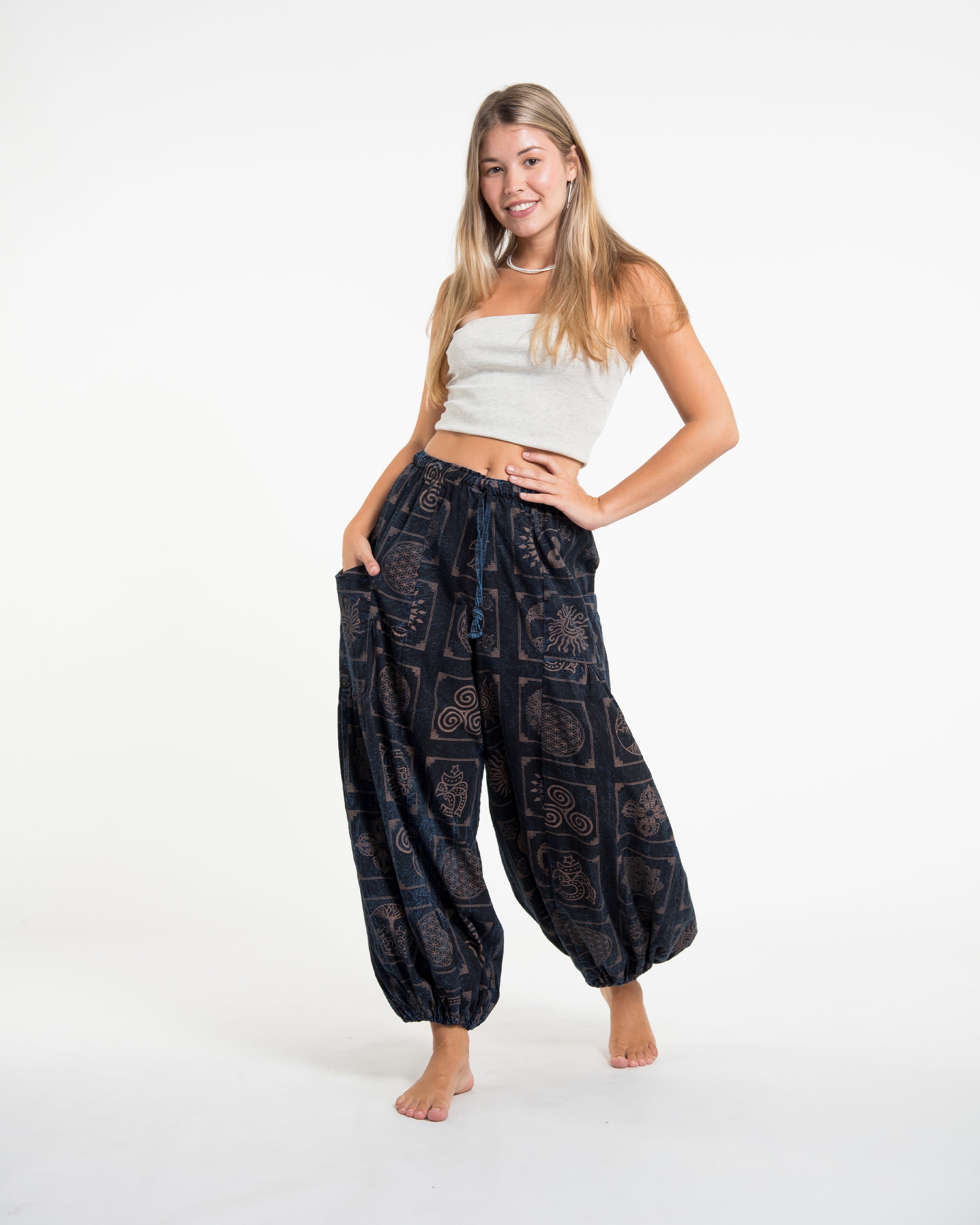 Women's Block Print Stone Washed Balloon Cotton Pants in Black Blue