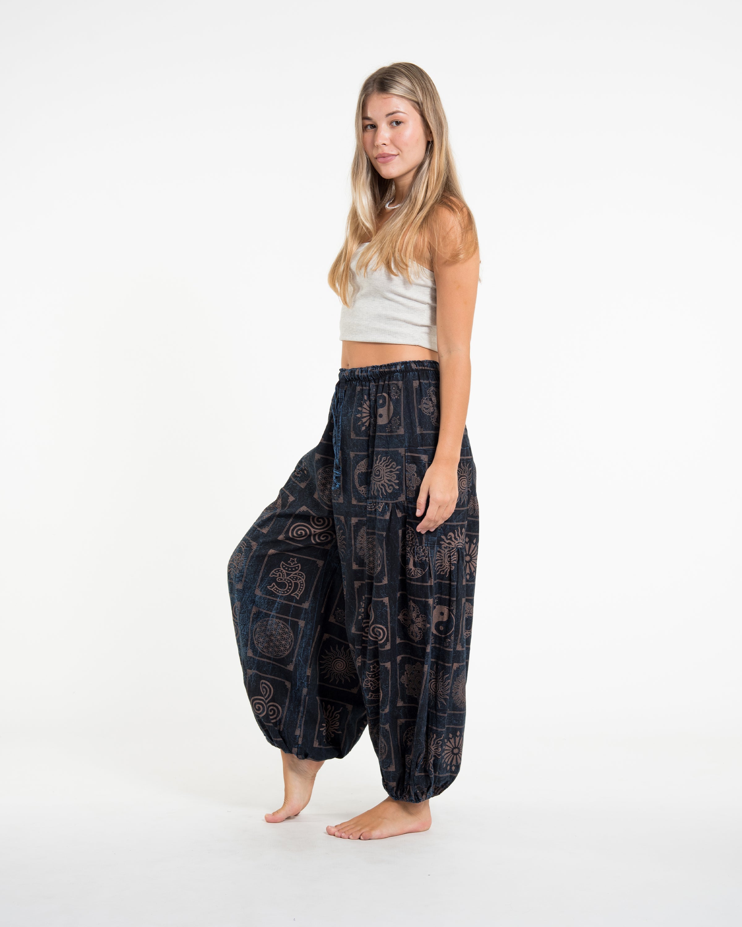 Women's Block Print Stone Washed Balloon Cotton Pants in Black Blue