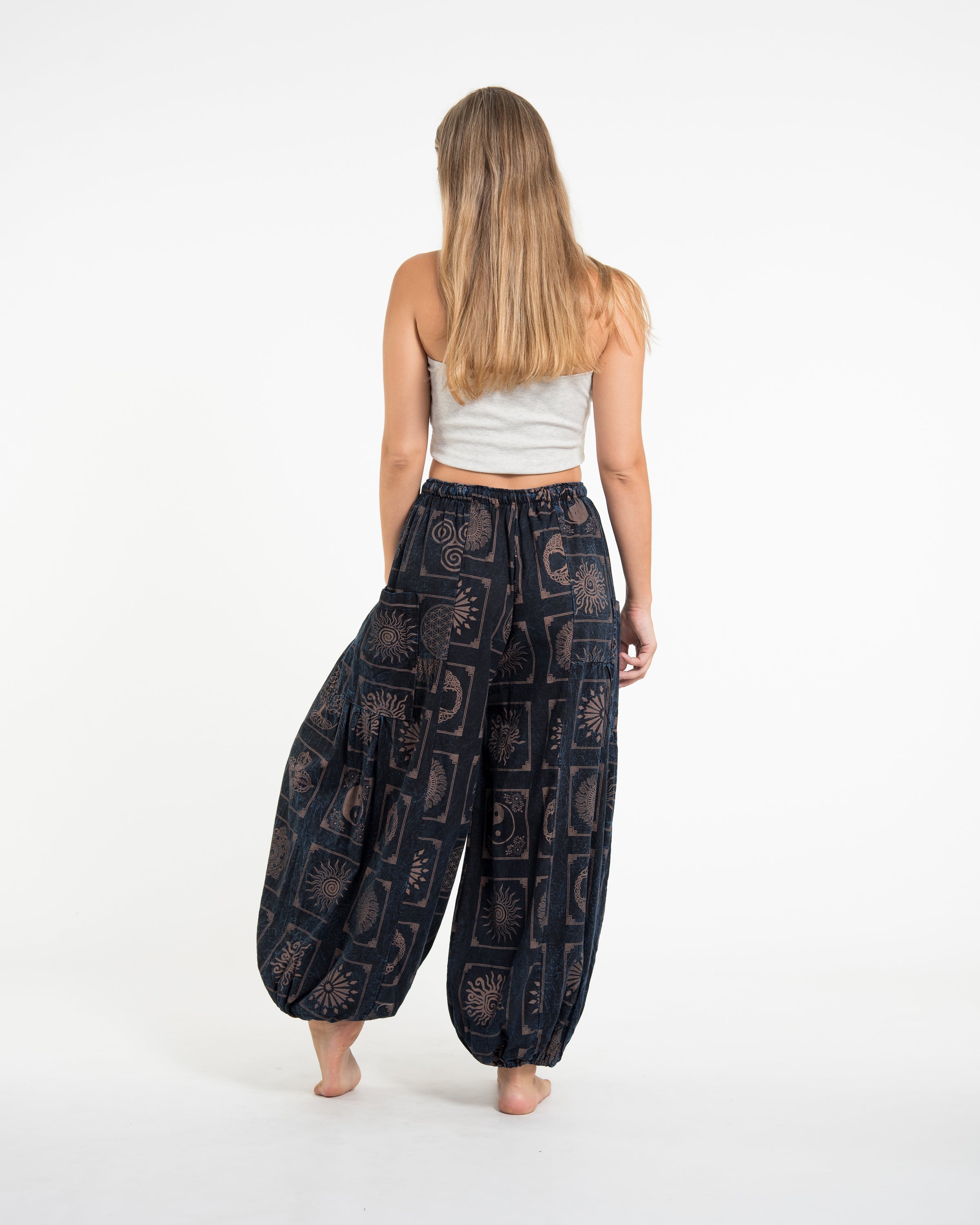 Women's Block Print Stone Washed Balloon Cotton Pants in Black Blue