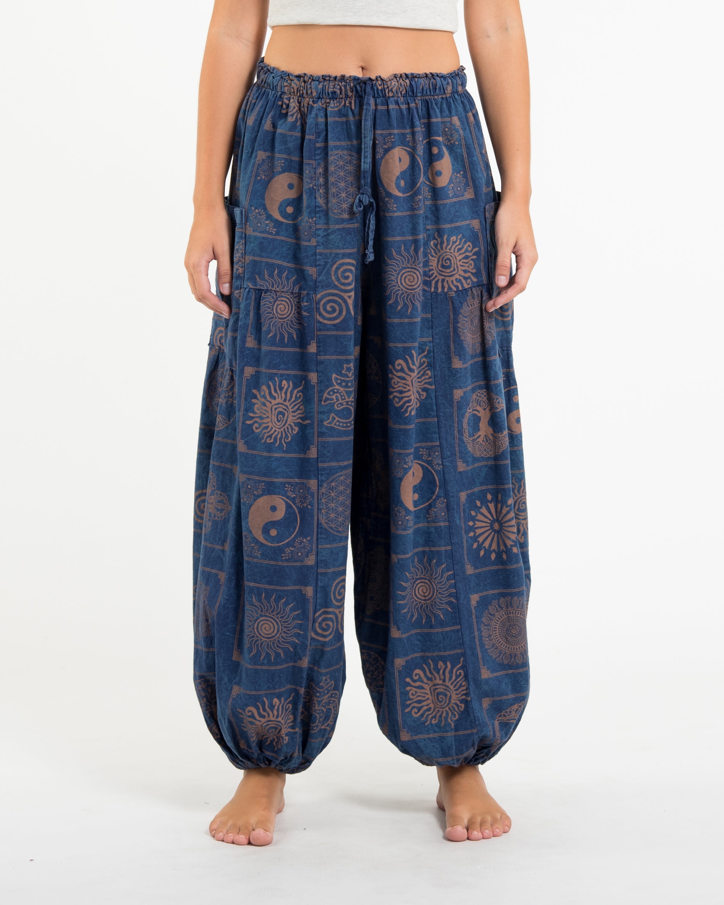 Women's Block Print Stone Washed Balloon Cotton Pants in Blue