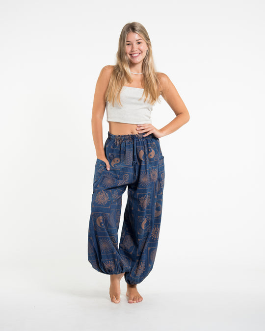 Women's Block Print Stone Washed Balloon Cotton Pants in Blue