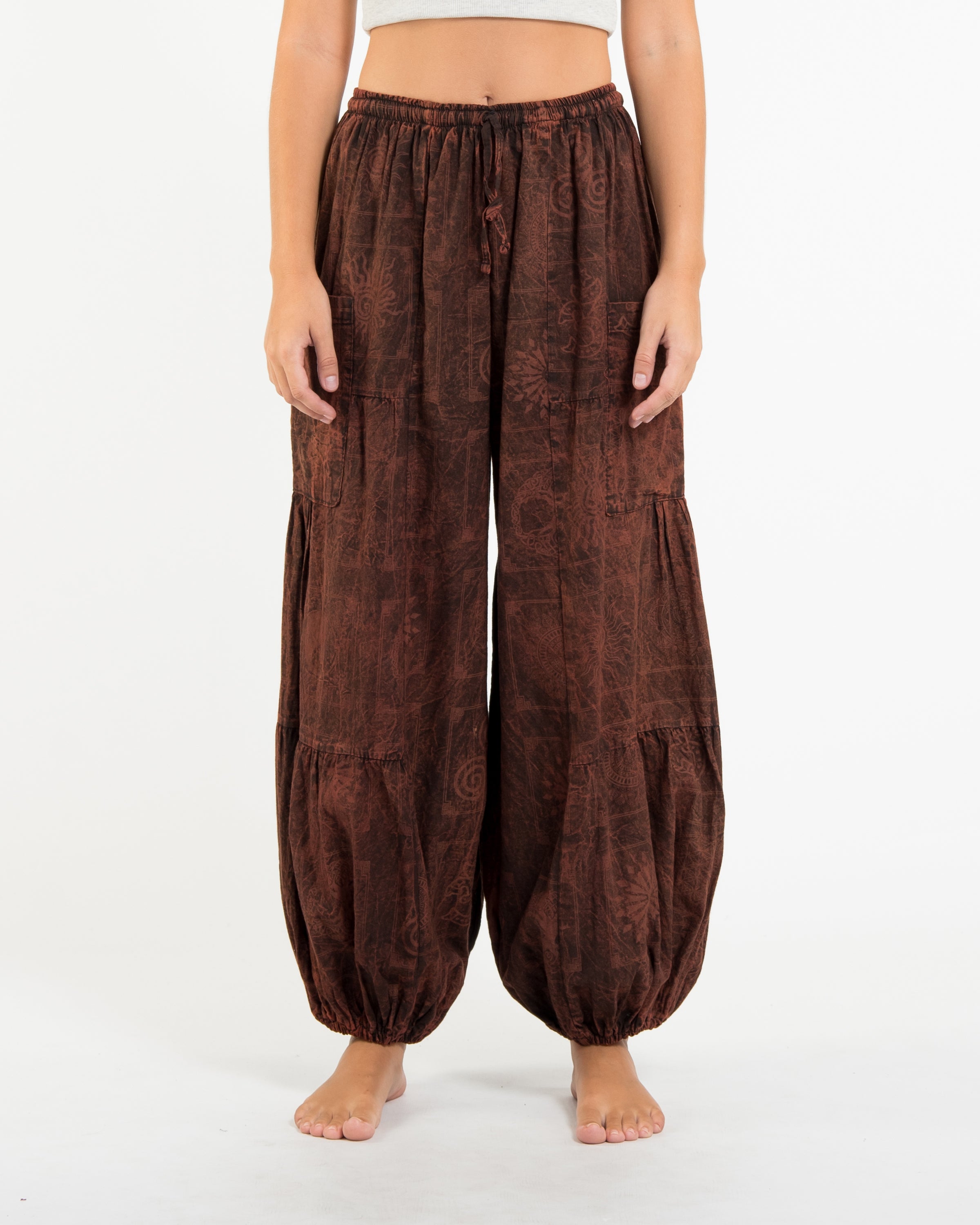Women's Block Print Stone Washed Balloon Cotton Pants in Brown