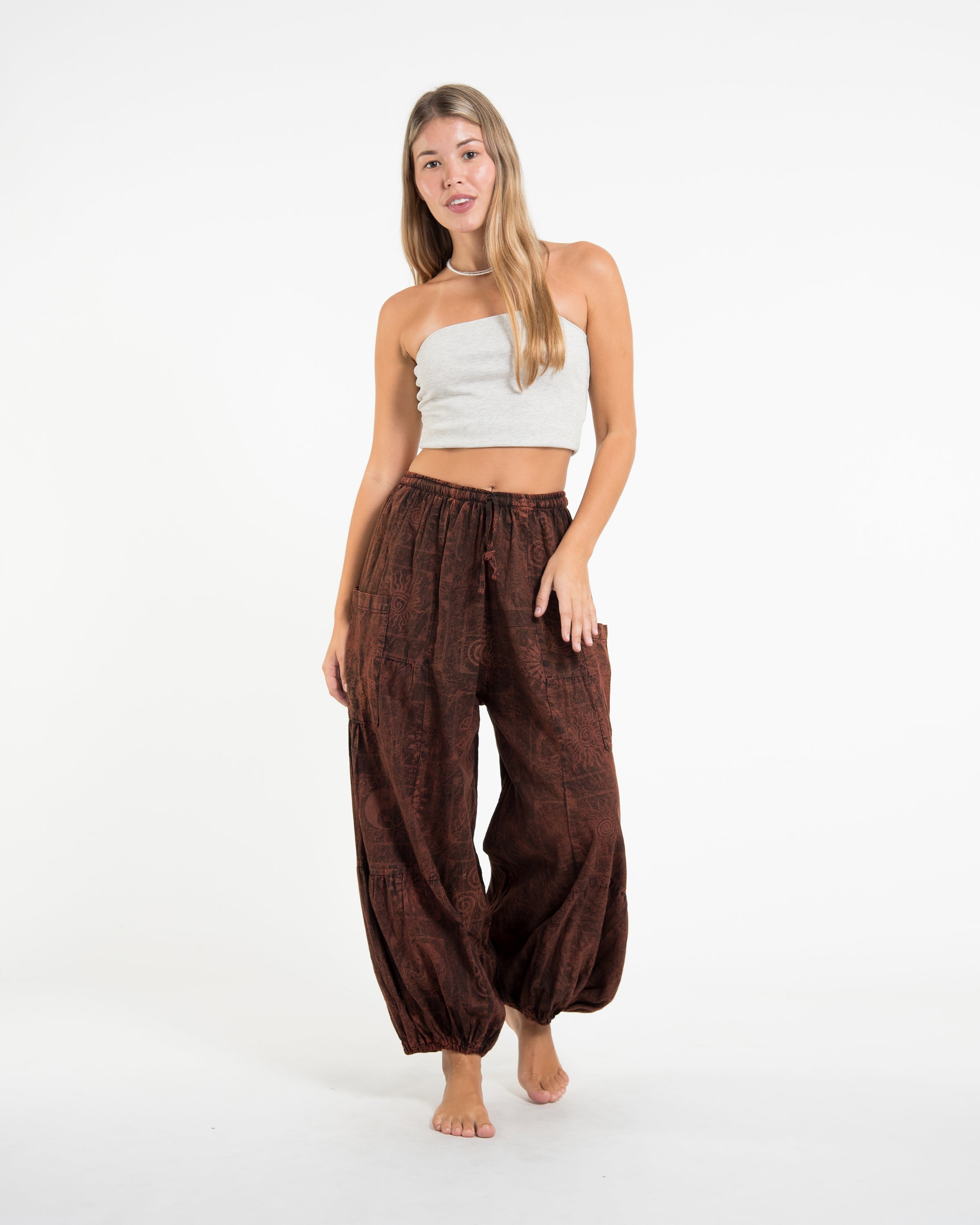 Women's Block Print Stone Washed Balloon Cotton Pants in Brown