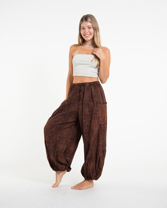 Women's Block Print Stone Washed Balloon Cotton Pants in Brown