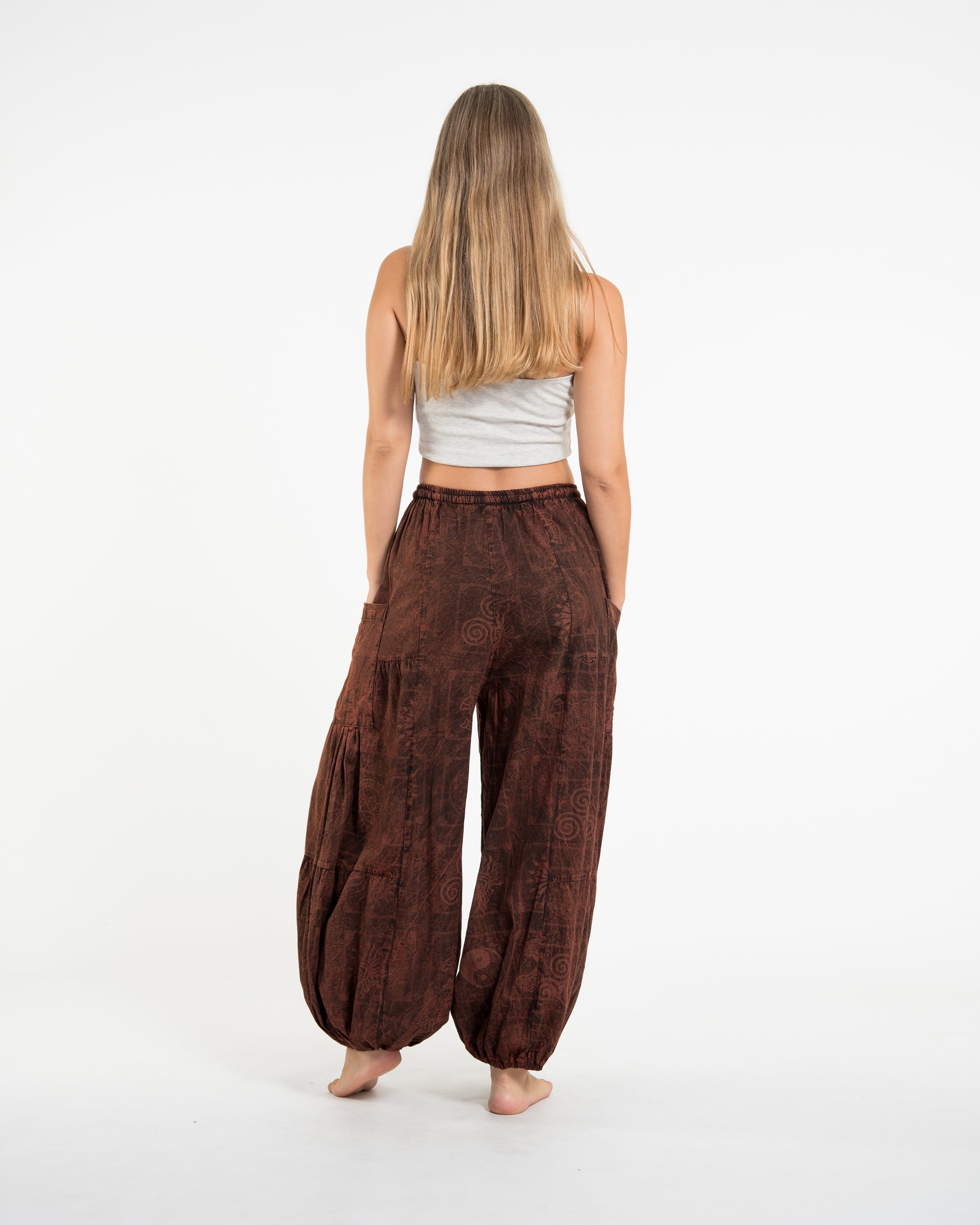 Women's Block Print Stone Washed Balloon Cotton Pants in Brown
