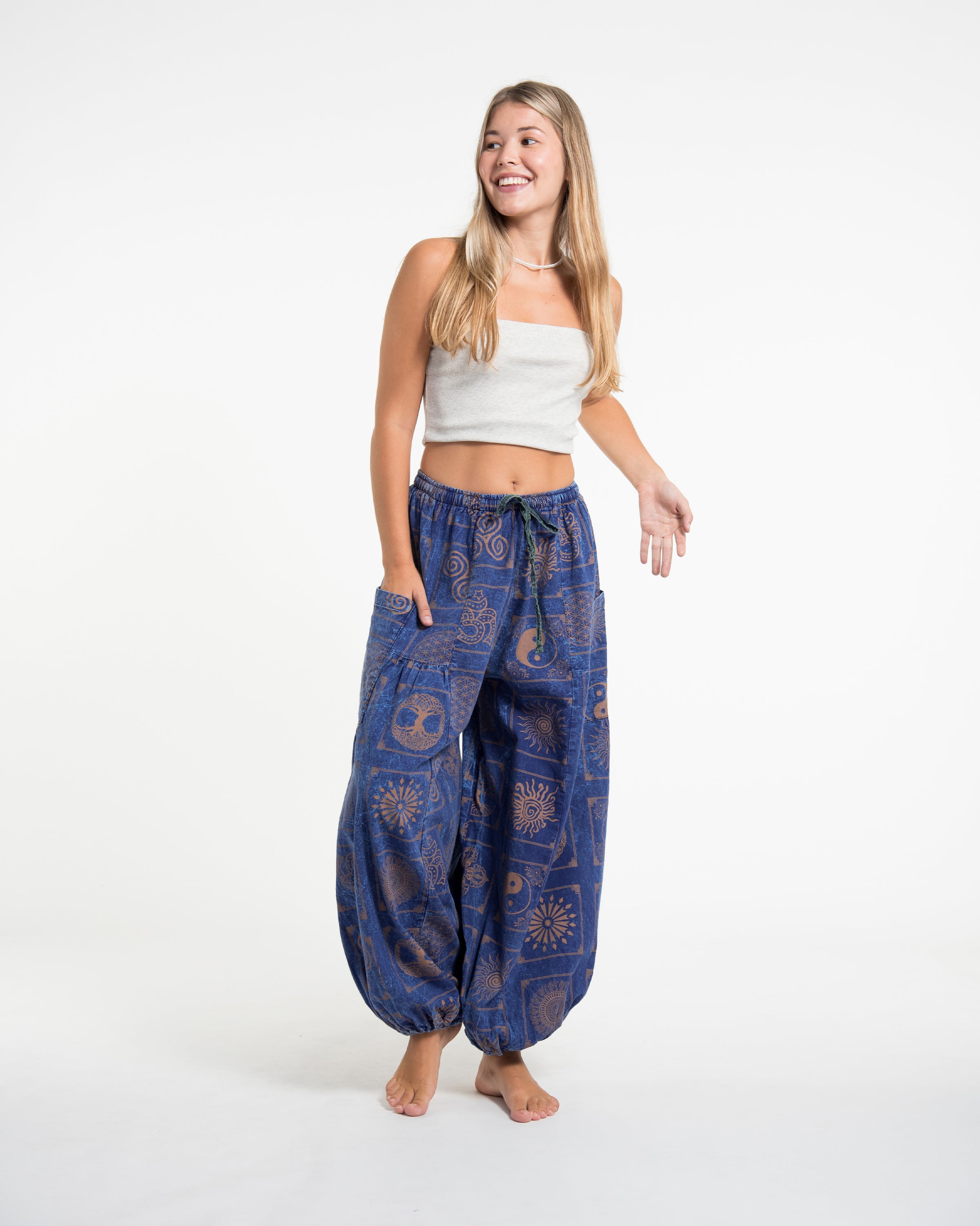 Women's Block Print Stone Washed Balloon Cotton Pants in Navy