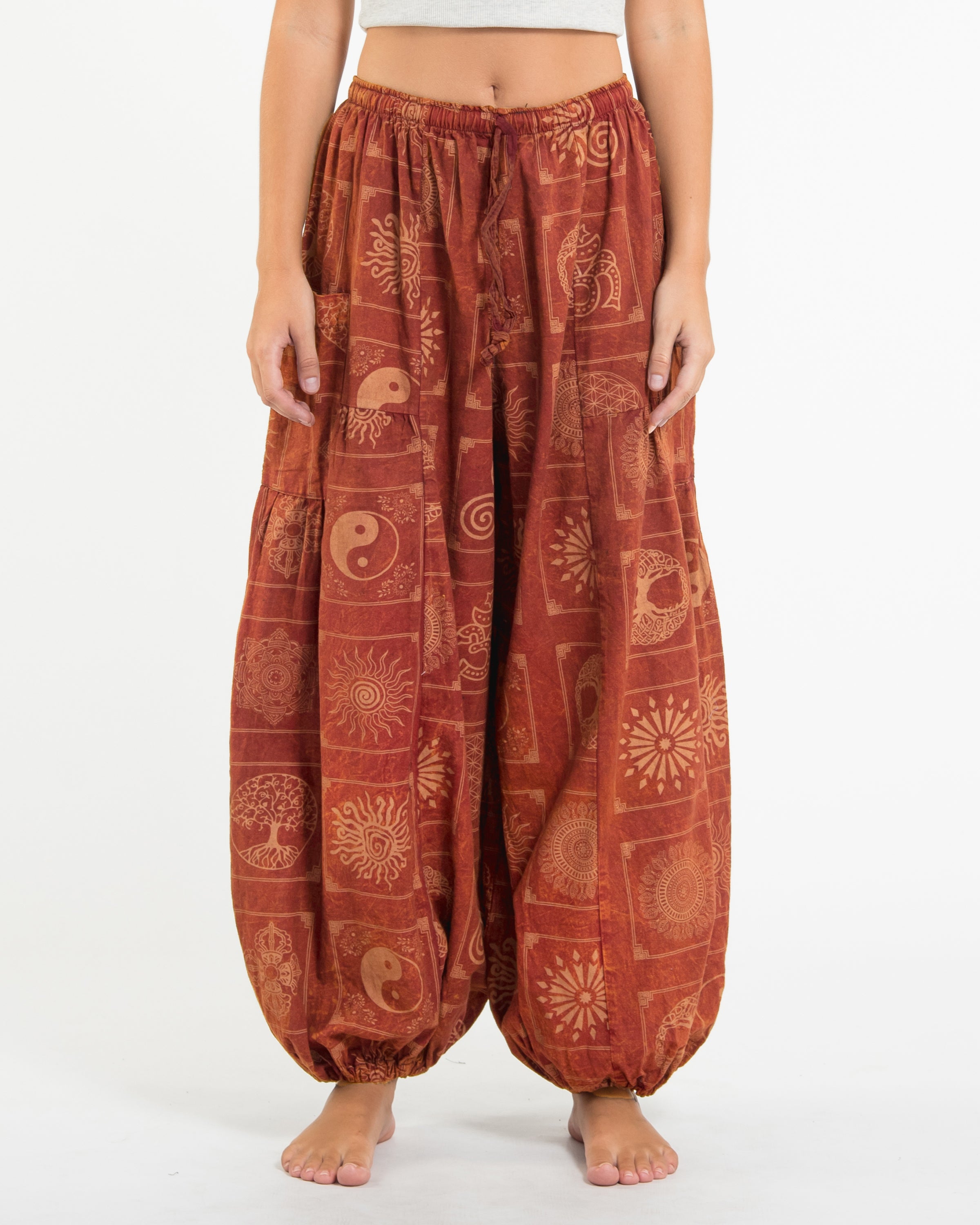 Women's Block Print Stone Washed Balloon Cotton Pants in Orange