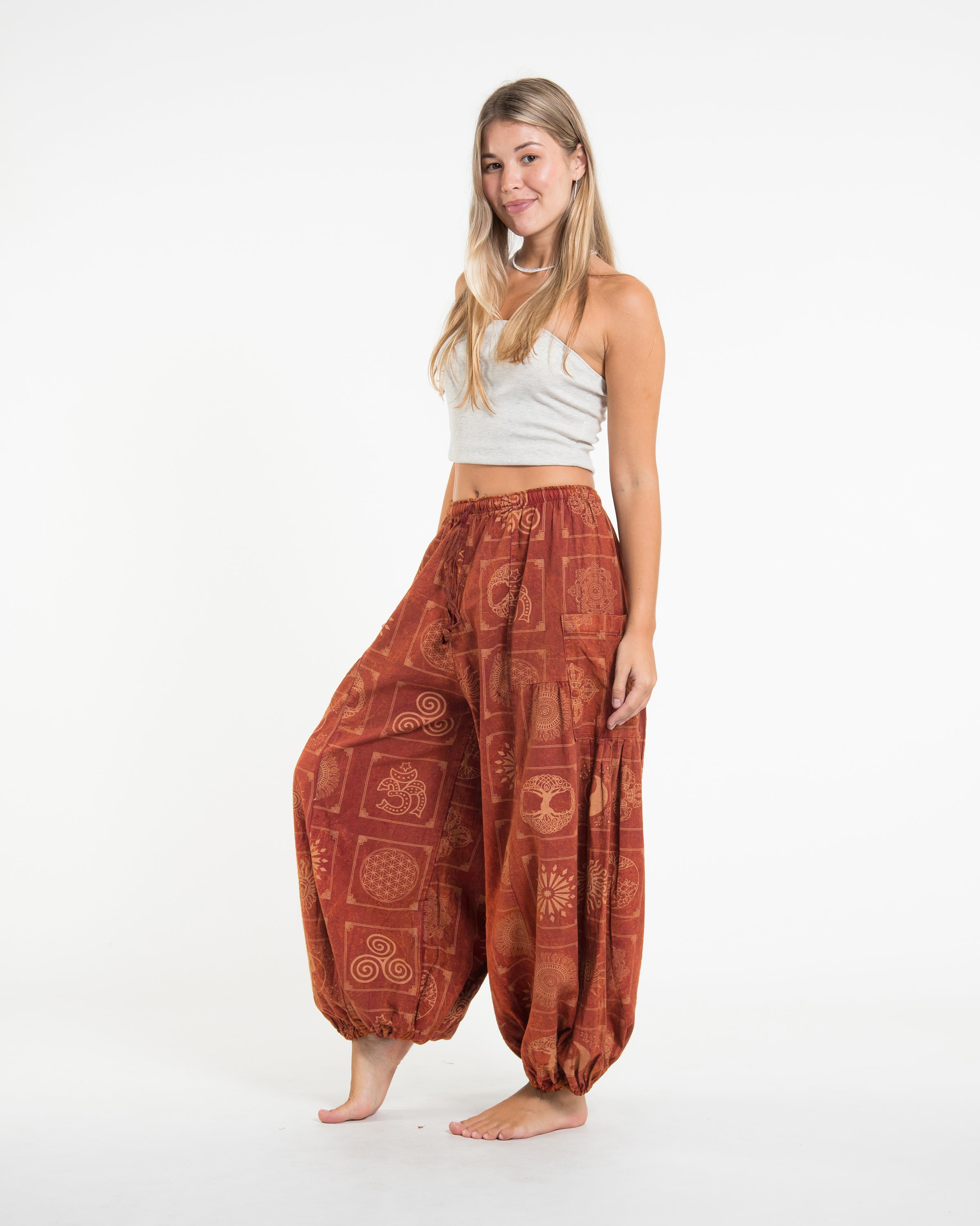 Women's Block Print Stone Washed Balloon Cotton Pants in Orange