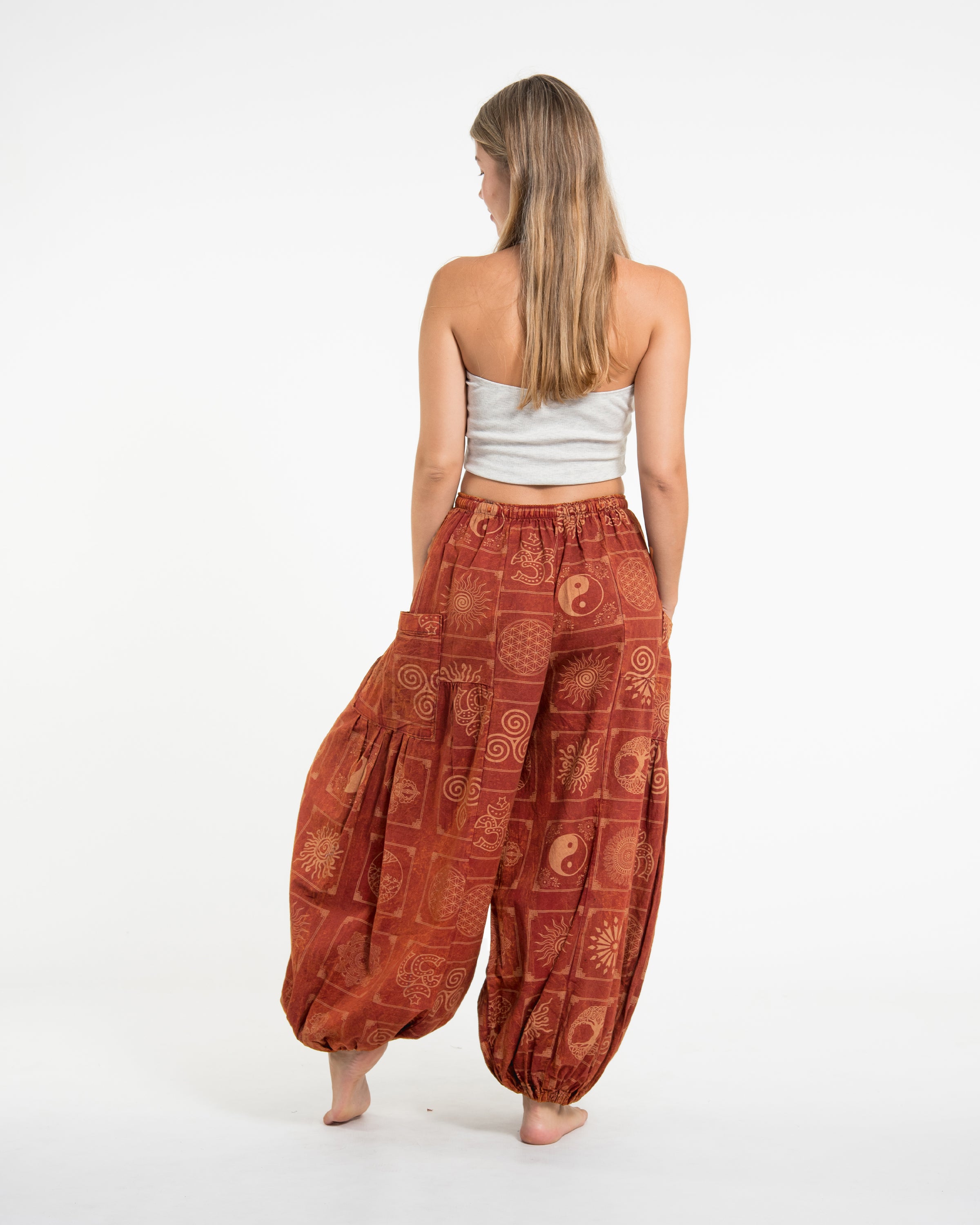 Women's Block Print Stone Washed Balloon Cotton Pants in Orange