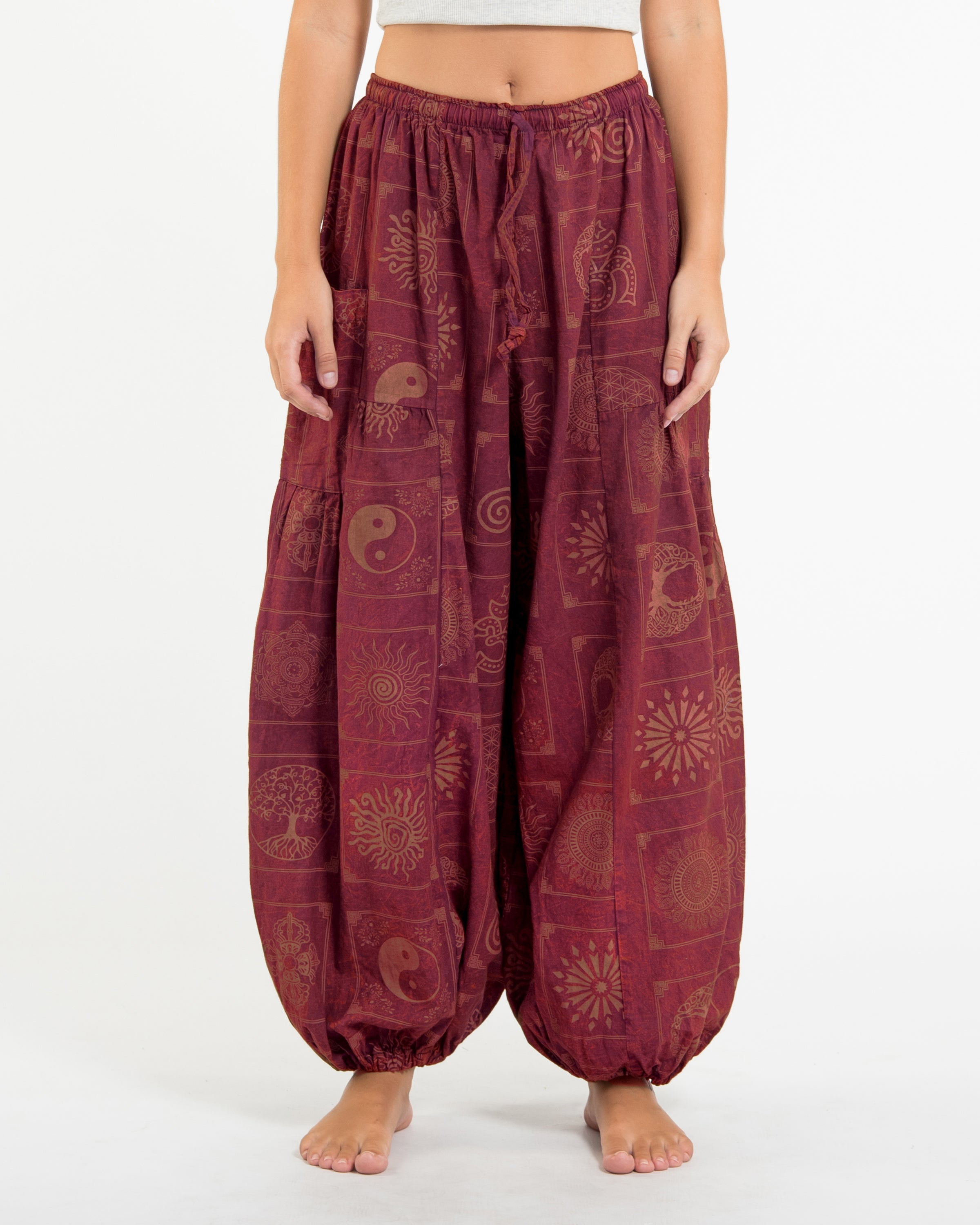 Women's Block Print Stone Washed Balloon Cotton Pants in Red