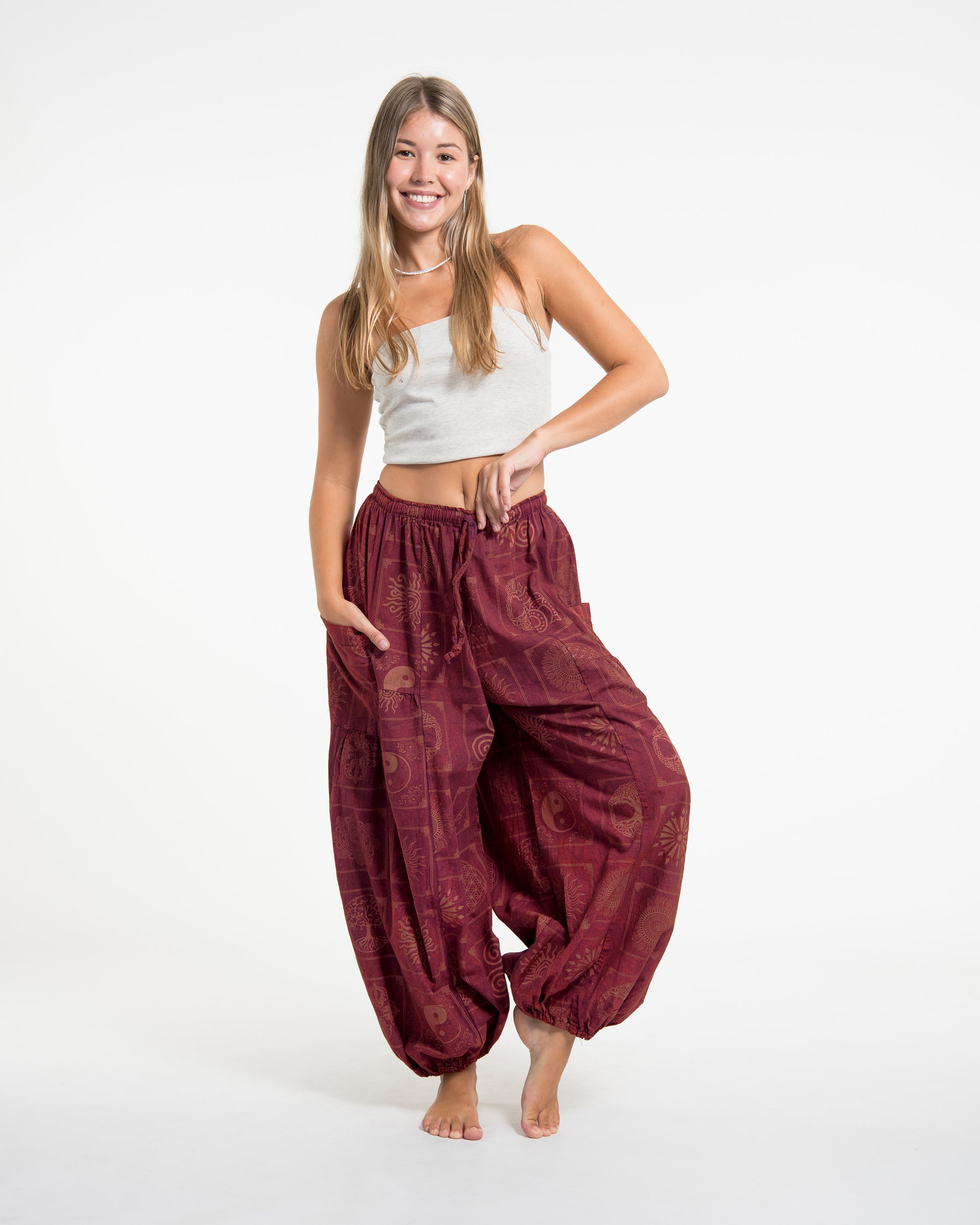Women's Block Print Stone Washed Balloon Cotton Pants in Red