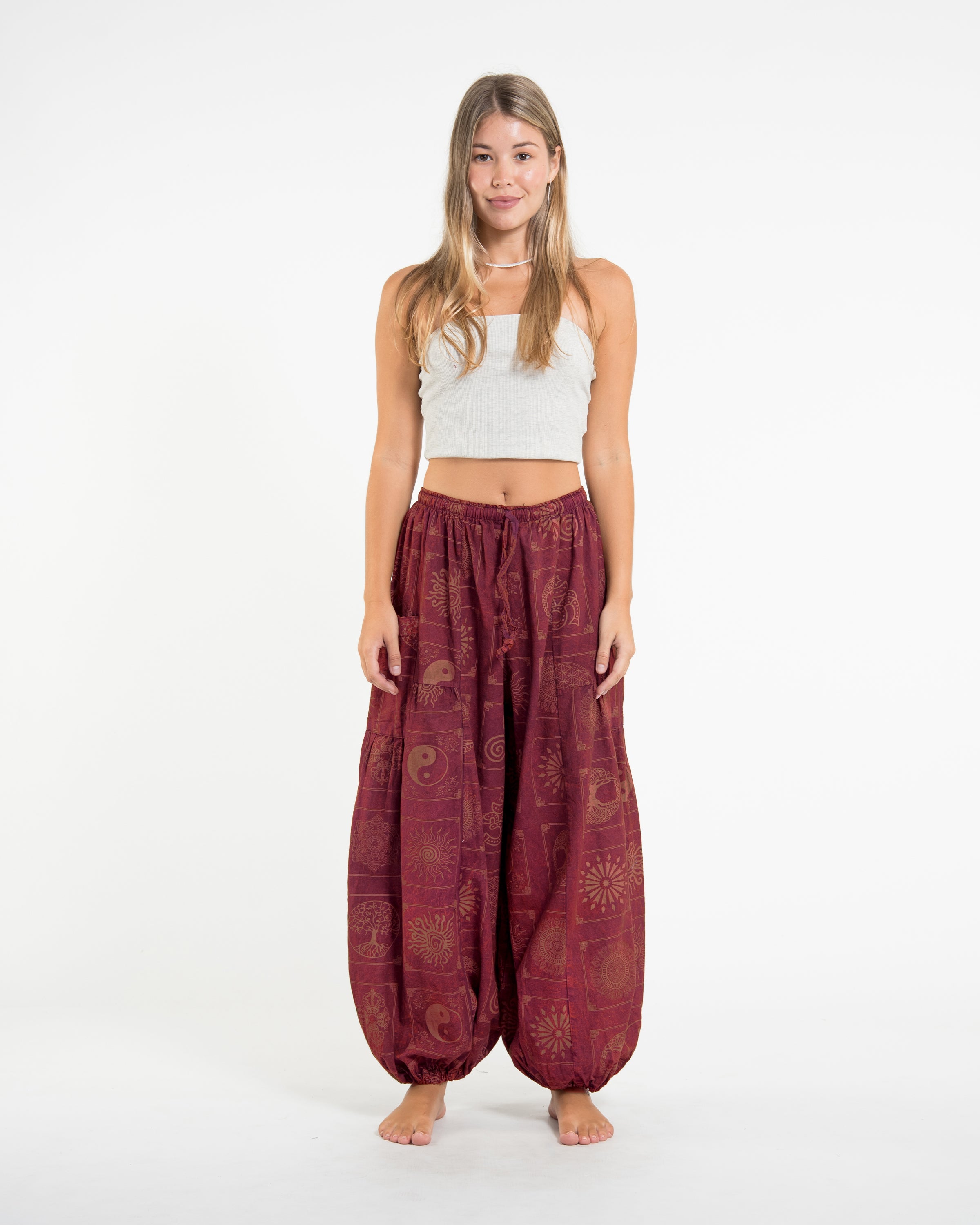 Women's Block Print Stone Washed Balloon Cotton Pants in Red