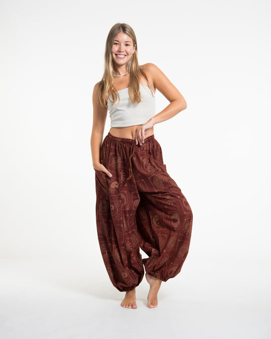 Women's Block Print Stone Washed Balloon Cotton Pants in Rust