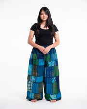 Plus Size Women's Patchwork Stone Washed Balloon Cotton Pants in Blue