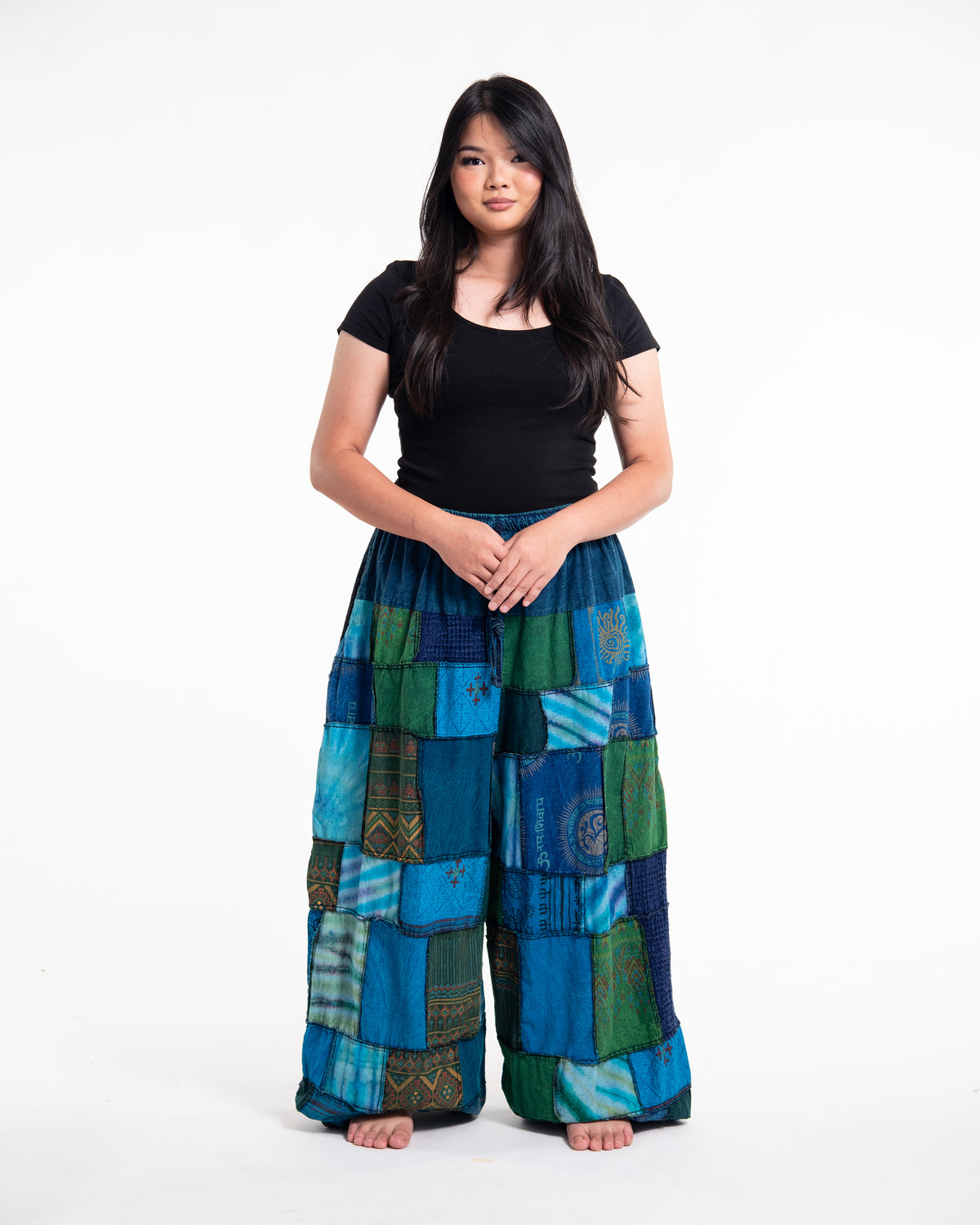 Plus Size Women's Patchwork Stone Washed Balloon Cotton Pants in Blue